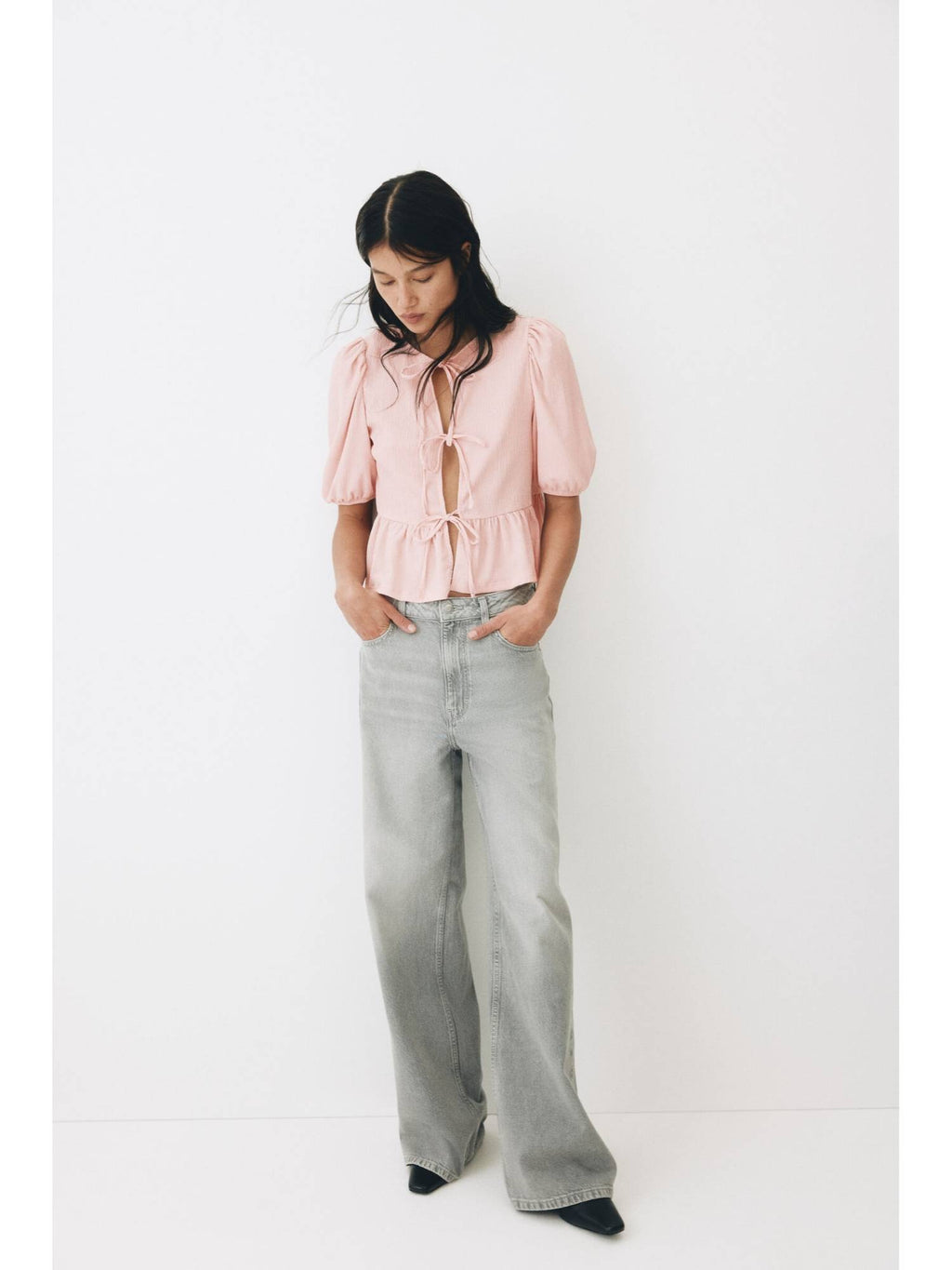 Women Pink Tie-Front Peplum Top | pt51 - view 2