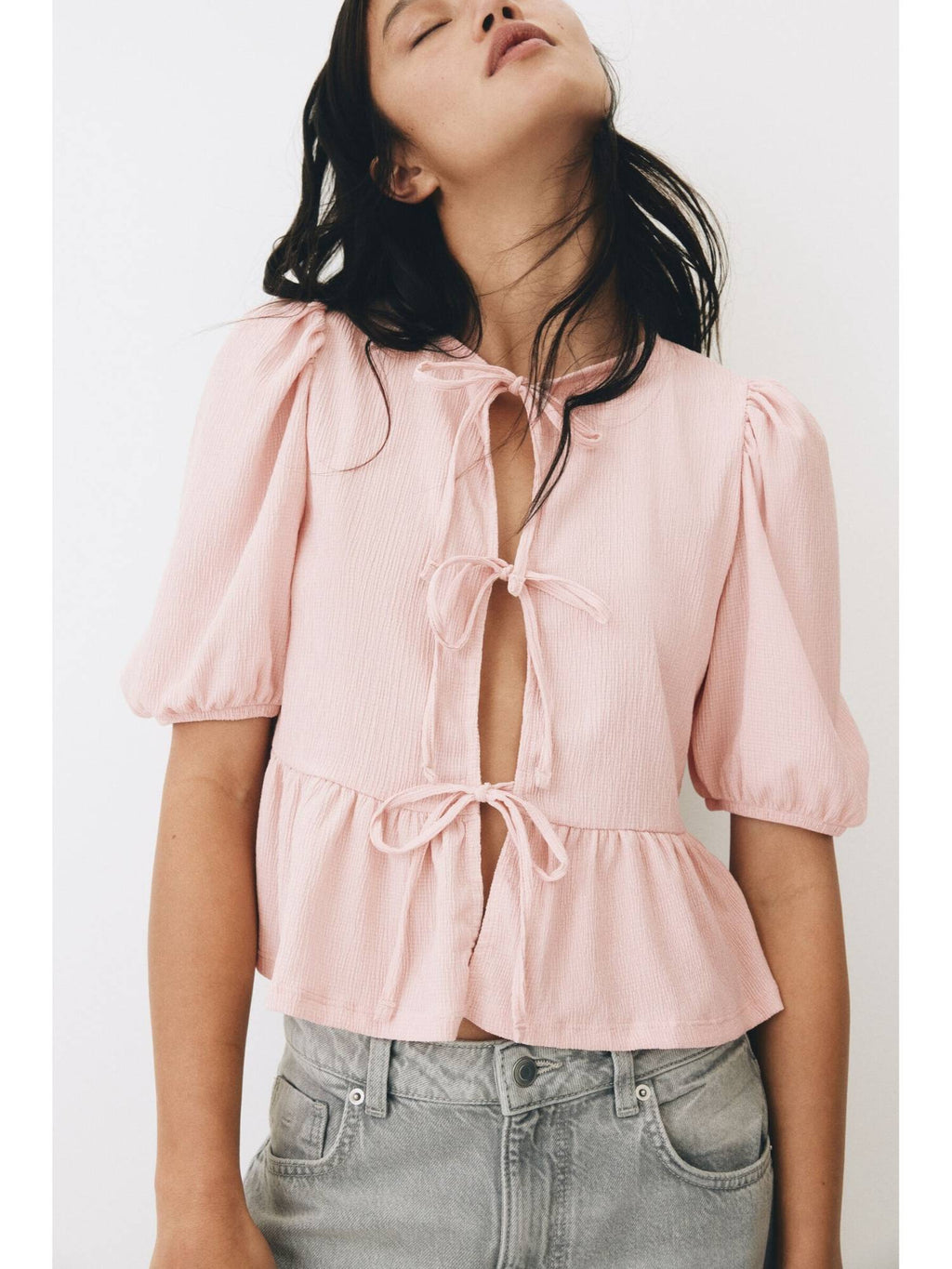 Women Pink Tie-Front Peplum Top | pt51 - view 3