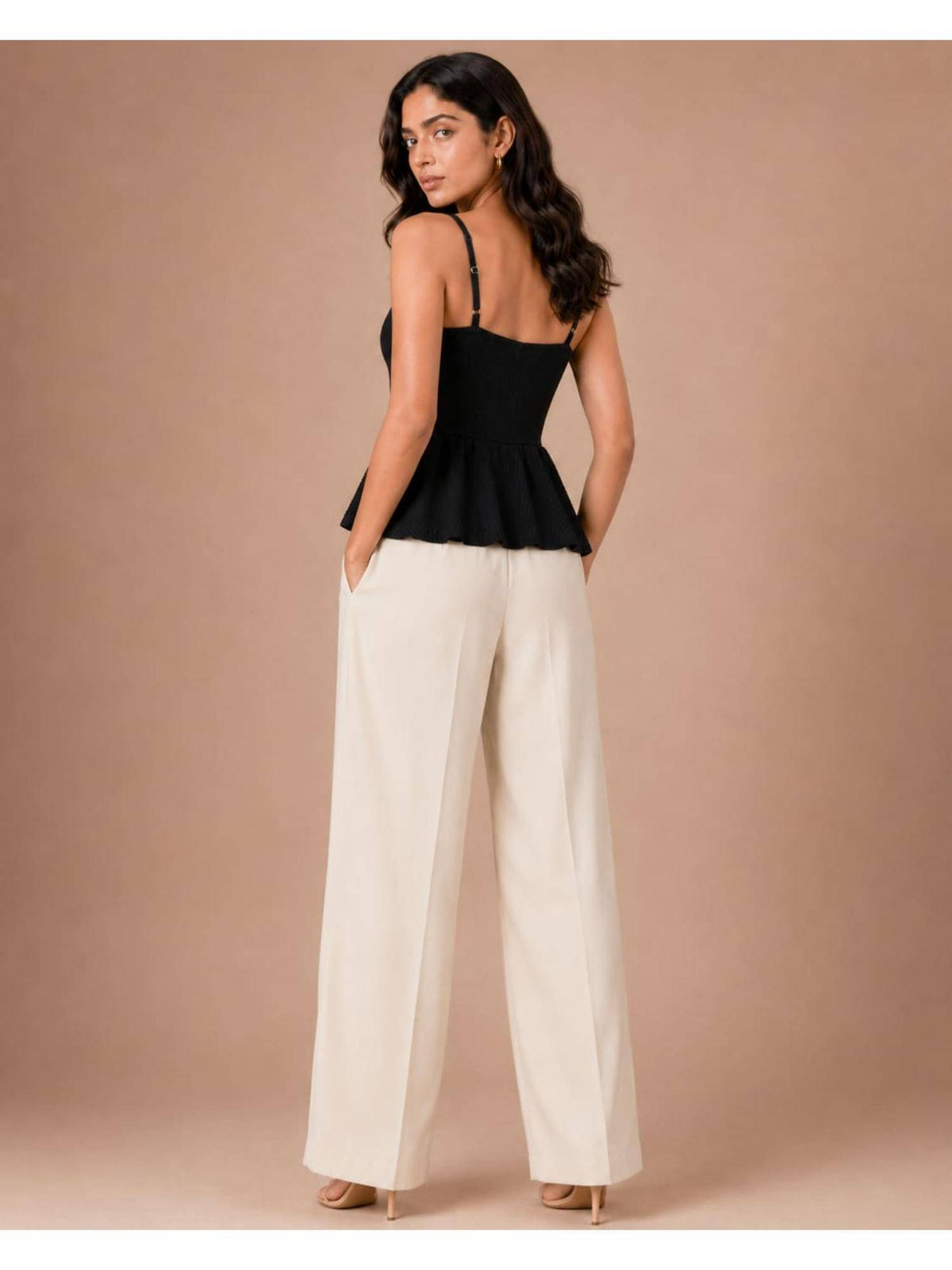 Black Women Textured Shoulder Strap Peplum Top | pt51 - view 2