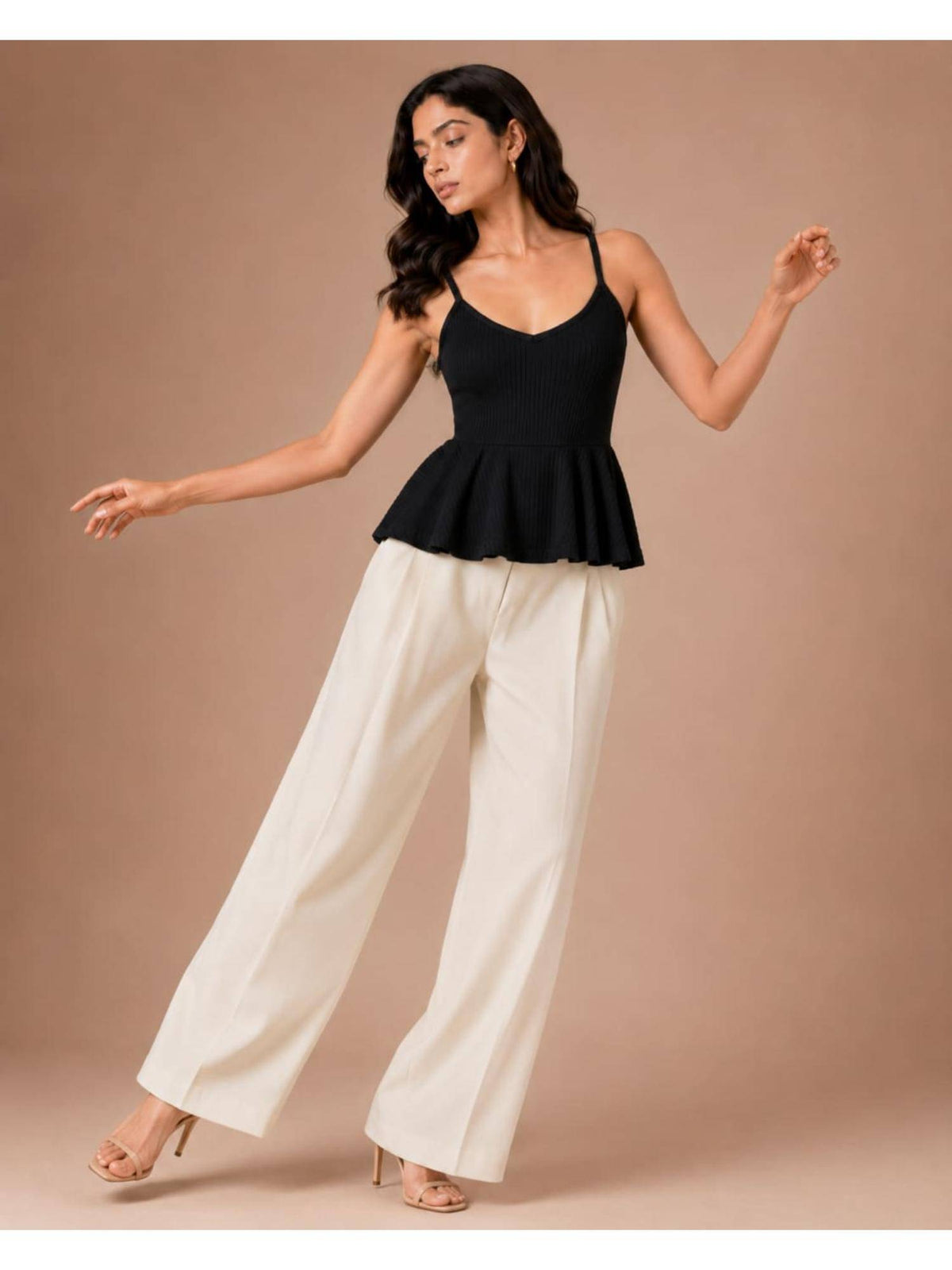 Black Women Textured Shoulder Strap Peplum Top | pt51 - view 4