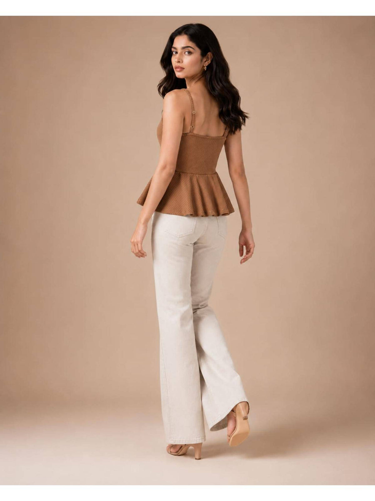 Brown Women Textured Shoulder Strap Peplum Top | pt51 - view 2