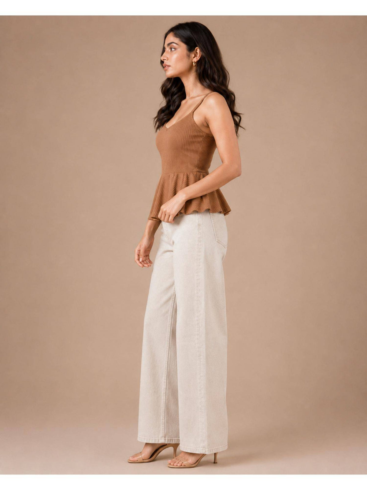 Brown Women Textured Shoulder Strap Peplum Top | pt51 - view 3