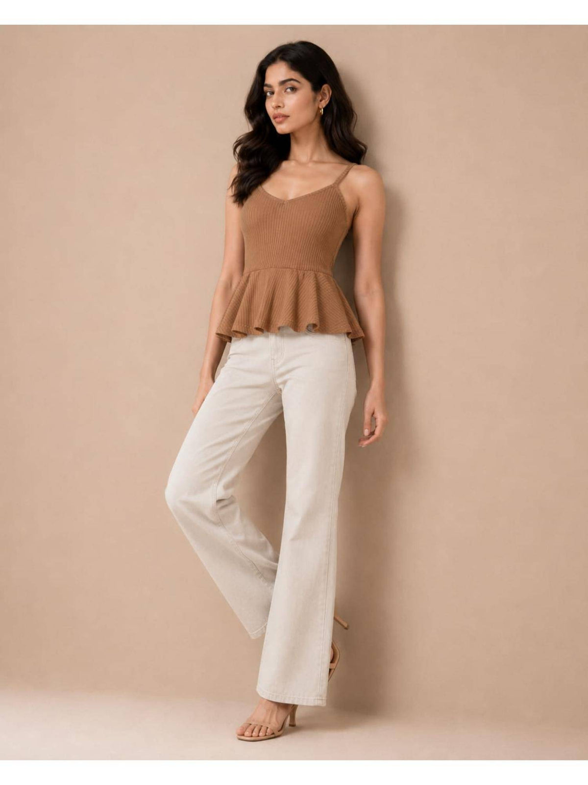 Brown Women Textured Shoulder Strap Peplum Top | pt51 - view 4