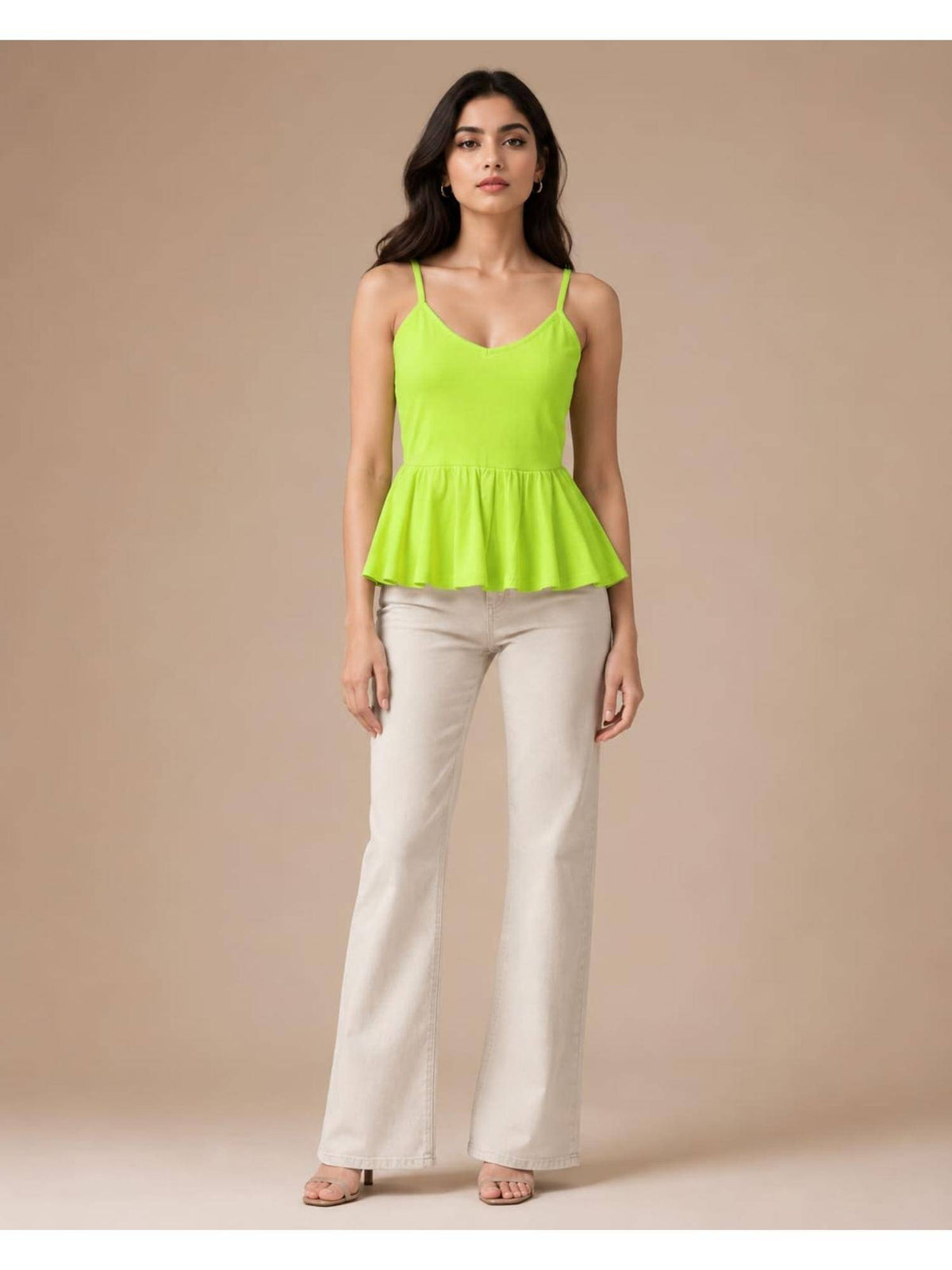Beige Women Textured Shoulder Strap Peplum Top | pt51 - view 24