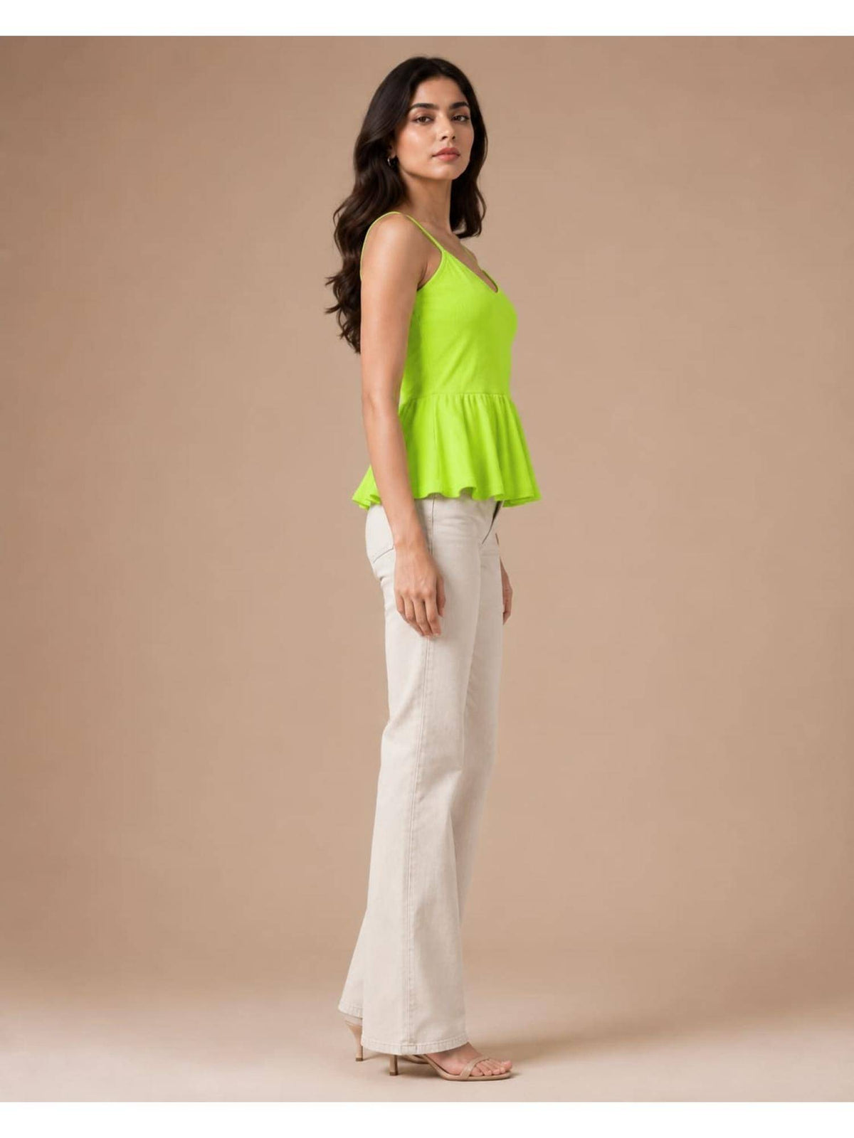 Green Women Textured Shoulder Strap Peplum Top | pt51 - view 3