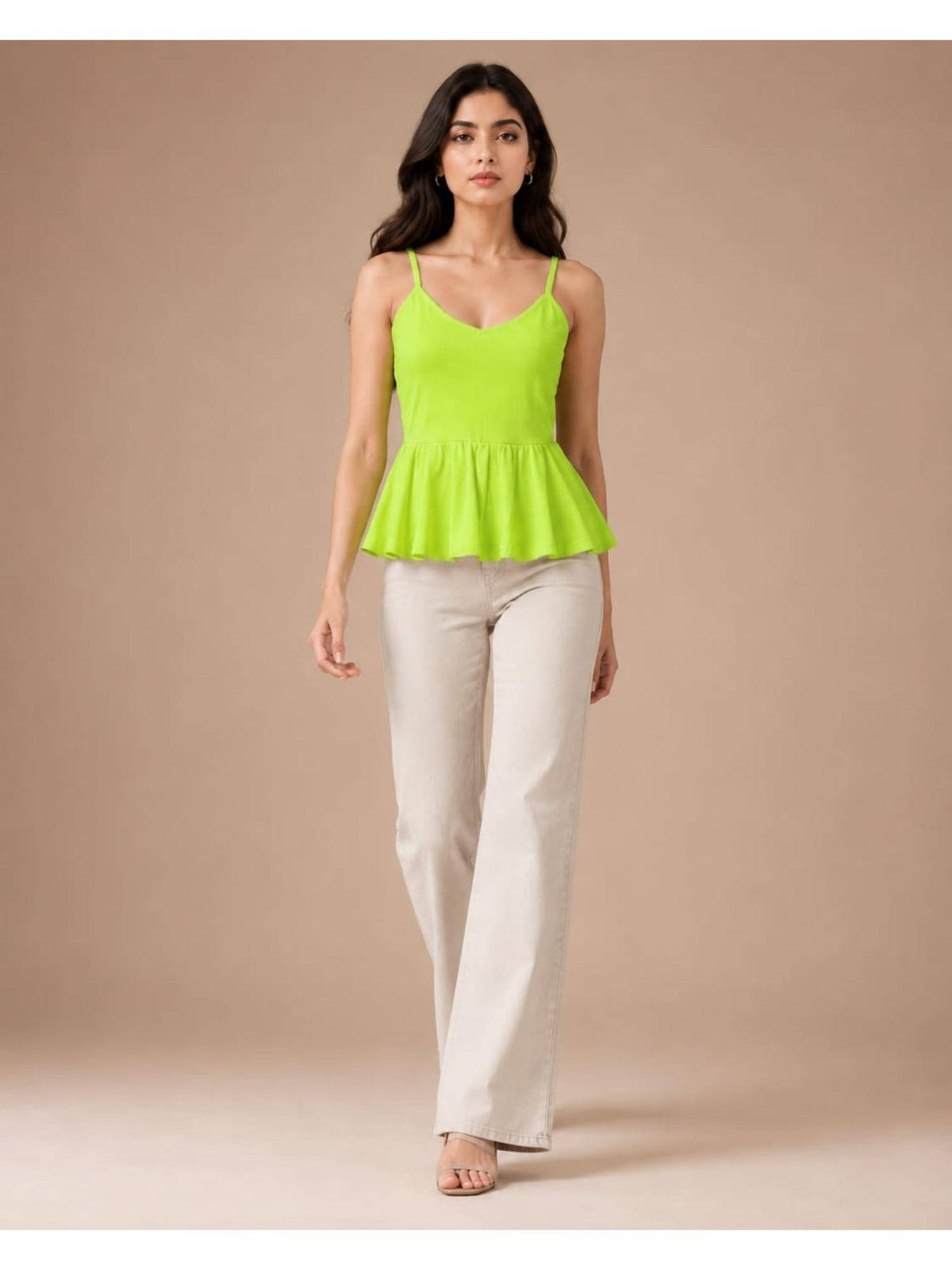 Green Women Textured Shoulder Strap Peplum Top | pt51 - view 4