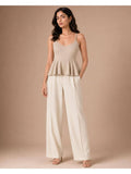Beige Women Textured Shoulder Strap Peplum Top | pt51 - view 1