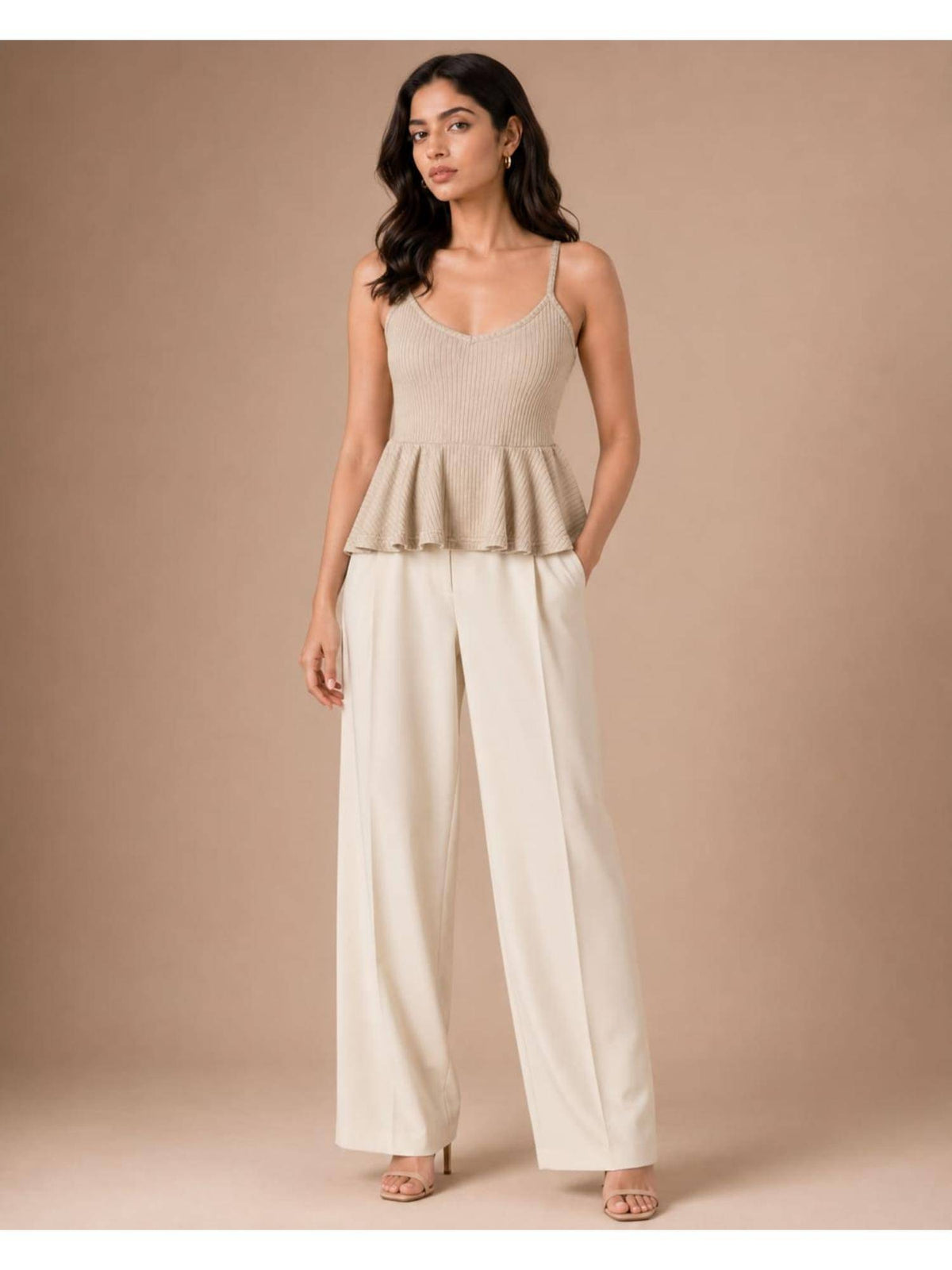 Beige Women Textured Shoulder Strap Peplum Top | pt51 - view 1