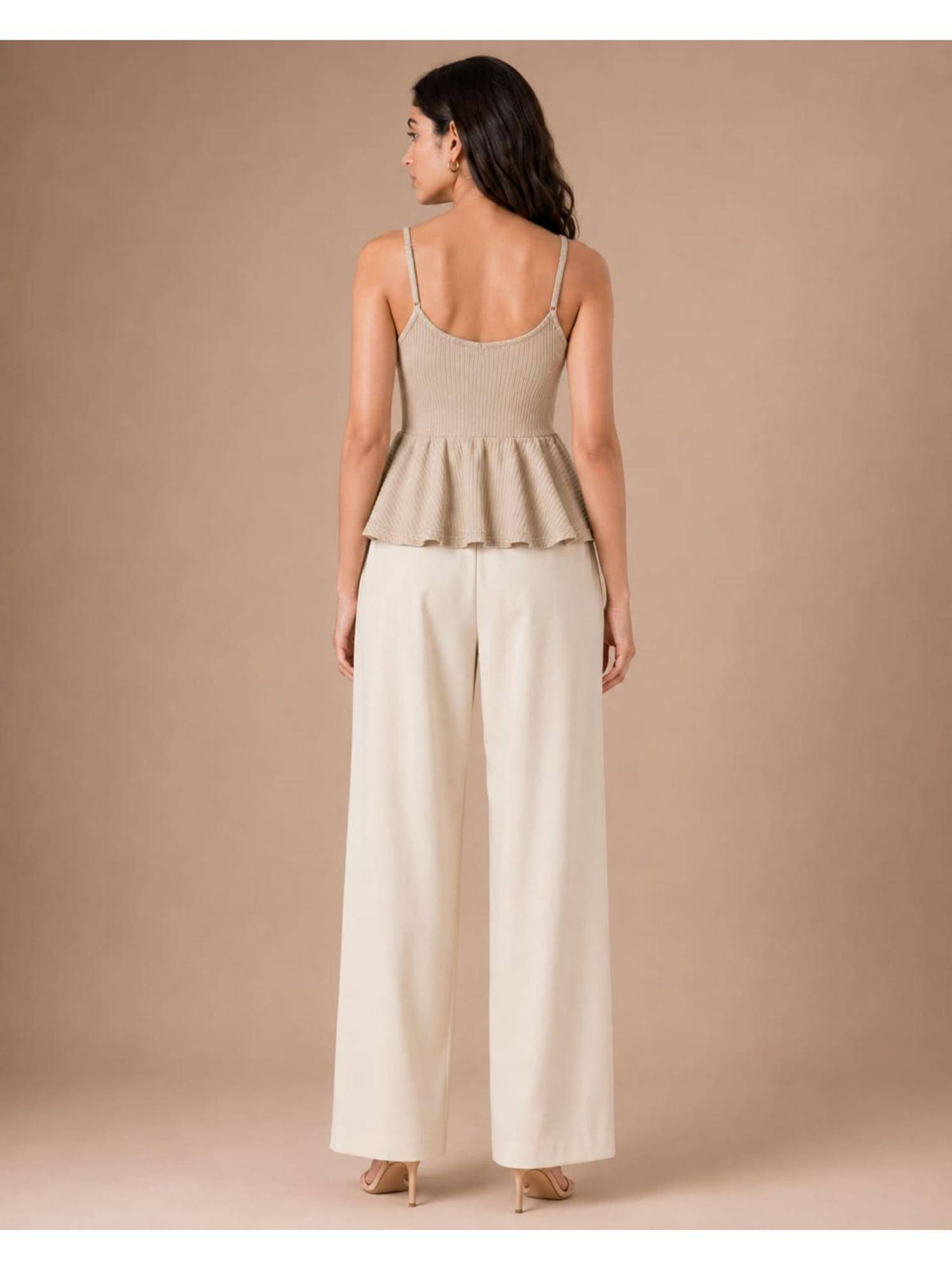 Beige Women Textured Shoulder Strap Peplum Top | pt51 - view 2