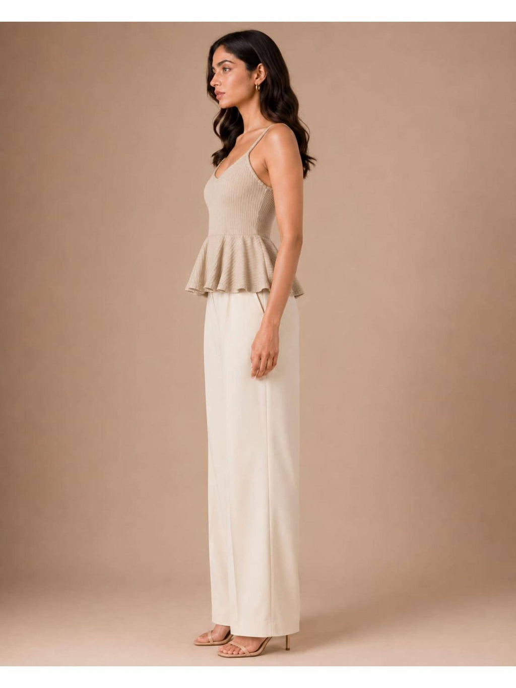 Beige Women Textured Shoulder Strap Peplum Top | pt51 - view 3