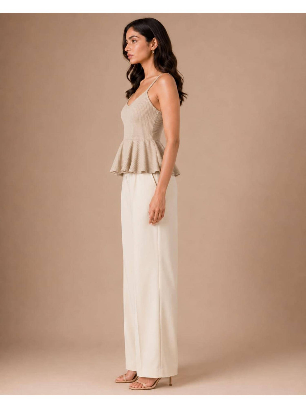 Beige Women Textured Shoulder Strap Peplum Top | pt51 - view 3