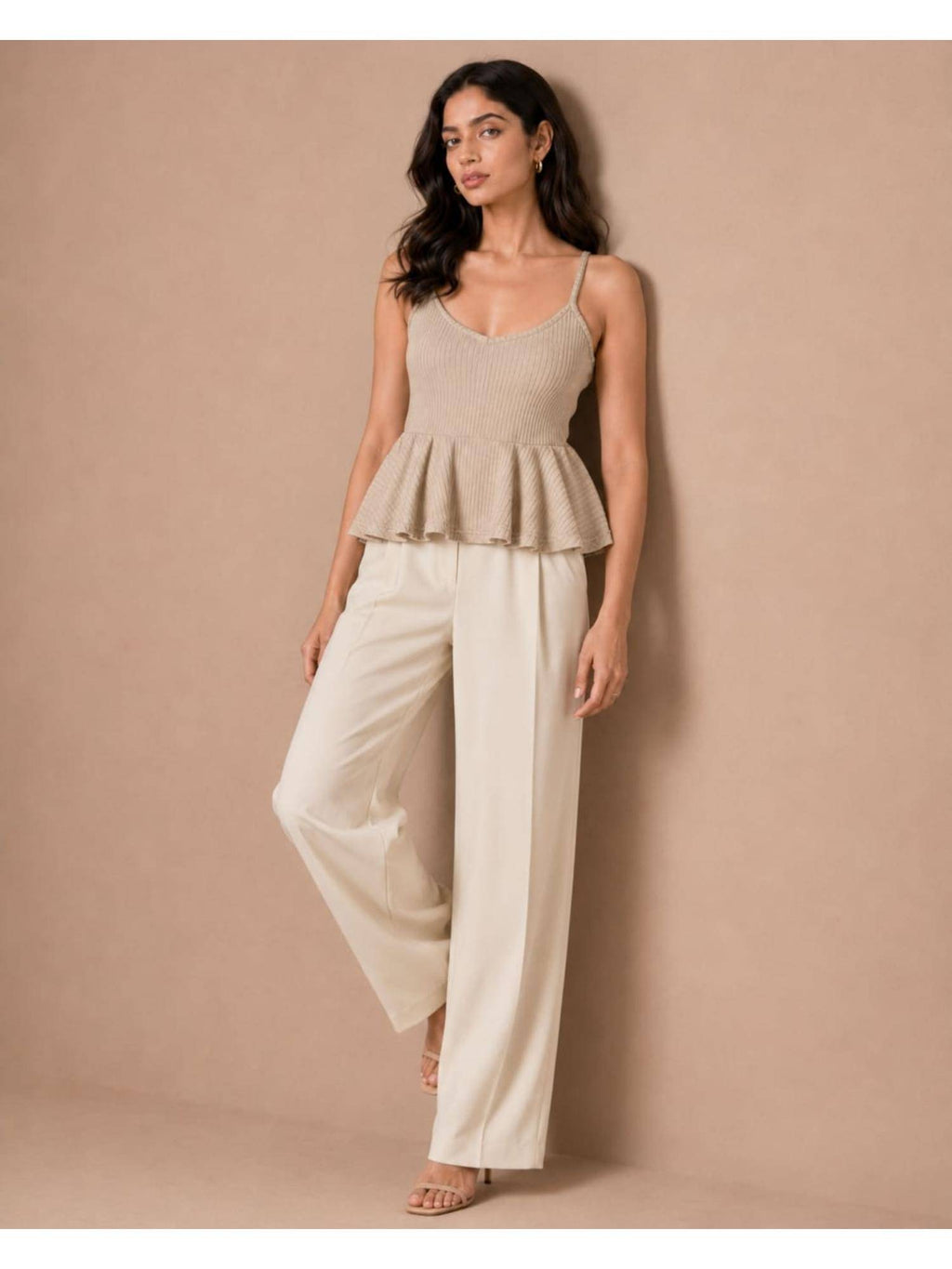Beige Women Textured Shoulder Strap Peplum Top | pt51 - view 4
