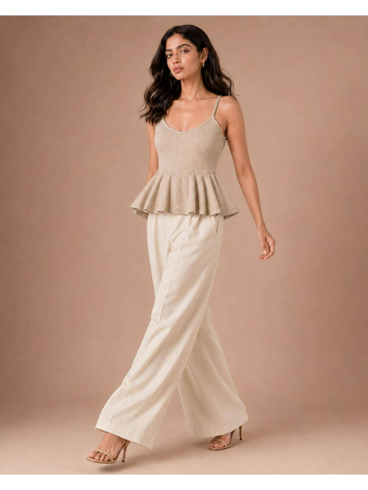 Beige Women Textured Shoulder Strap Peplum Top | pt51 - view 5