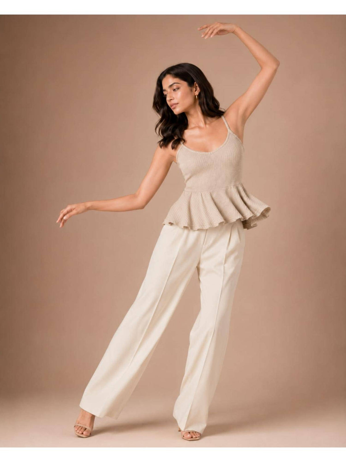 Beige Women Textured Shoulder Strap Peplum Top | pt51 - view 6