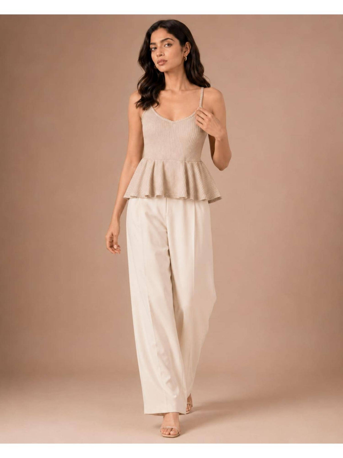 Beige Women Textured Shoulder Strap Peplum Top | pt51 - view 8