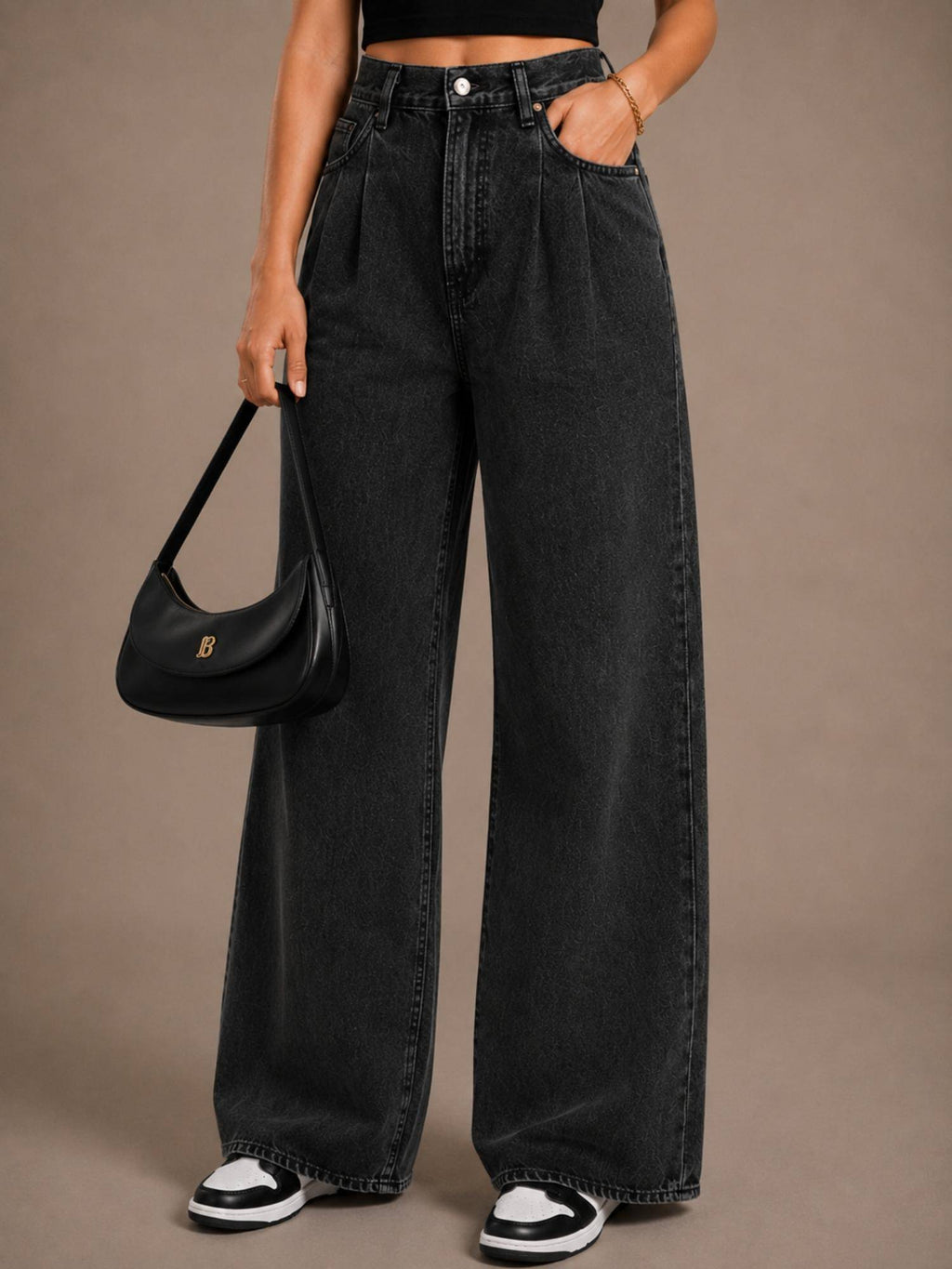 Women Straight Leg Solid High Rise Black Jeans | ST23 - view 1
