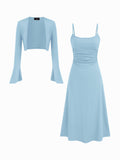 Ruched Solid Cami Maxi Dress & Solid Long Sleeve Shrug | D56 - view 36