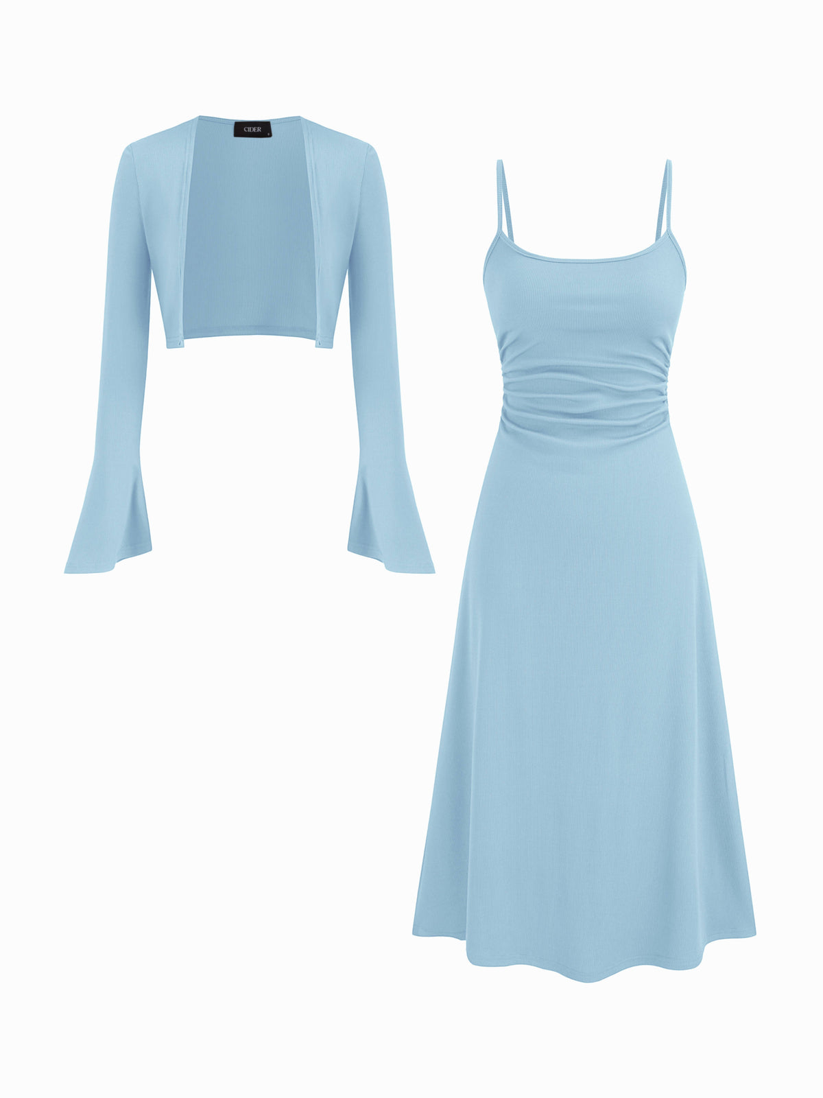 Ruched Solid Cami Maxi Dress & Solid Long Sleeve Shrug | D56 - view 36