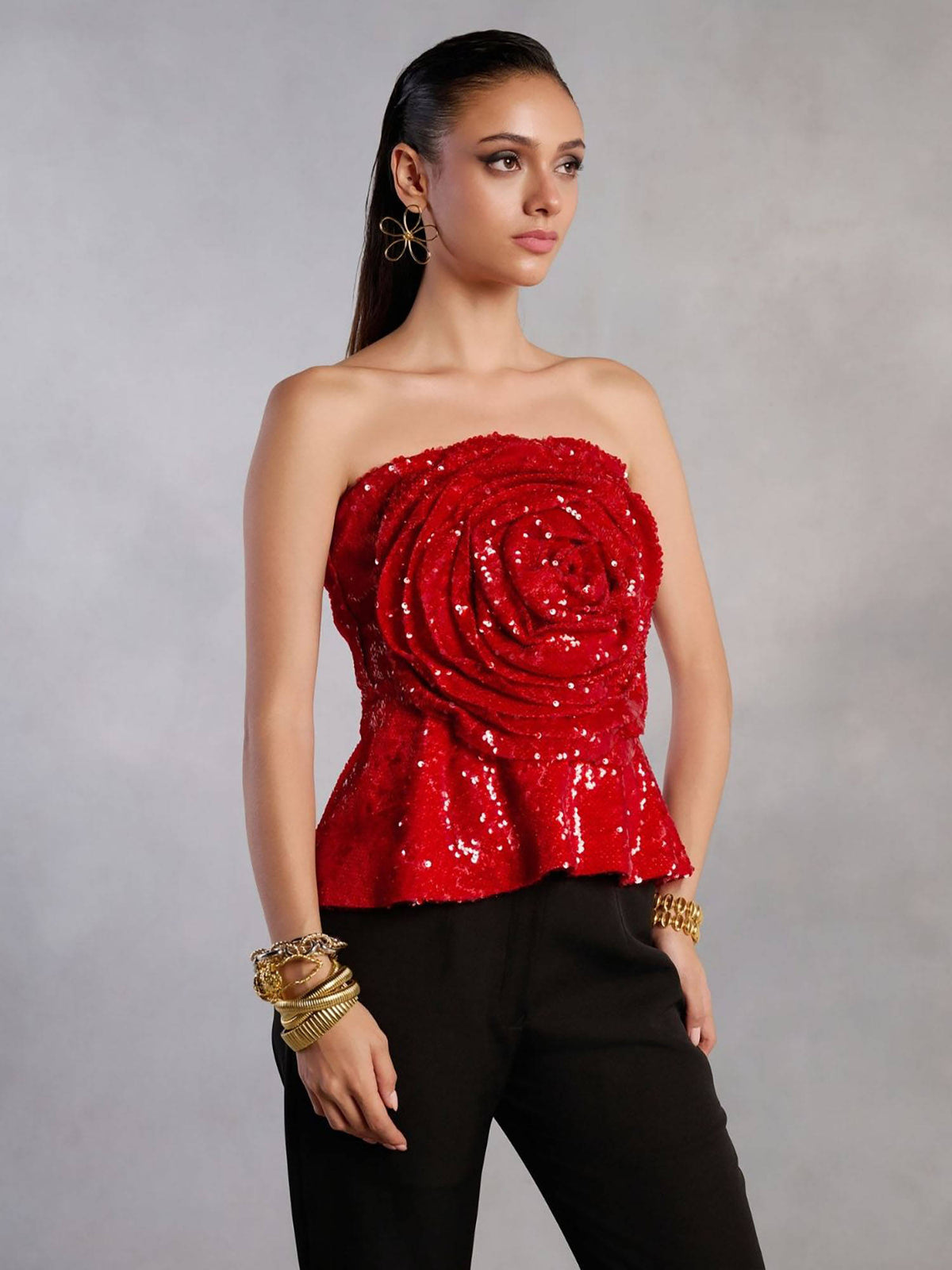Willow Red Sequins Off Tube Rose Top | TT90 - view 1