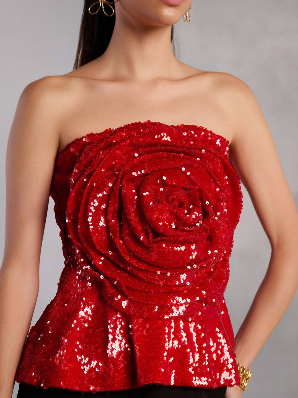 Willow Red Sequins Off Tube Rose Top | TT90 - view 2