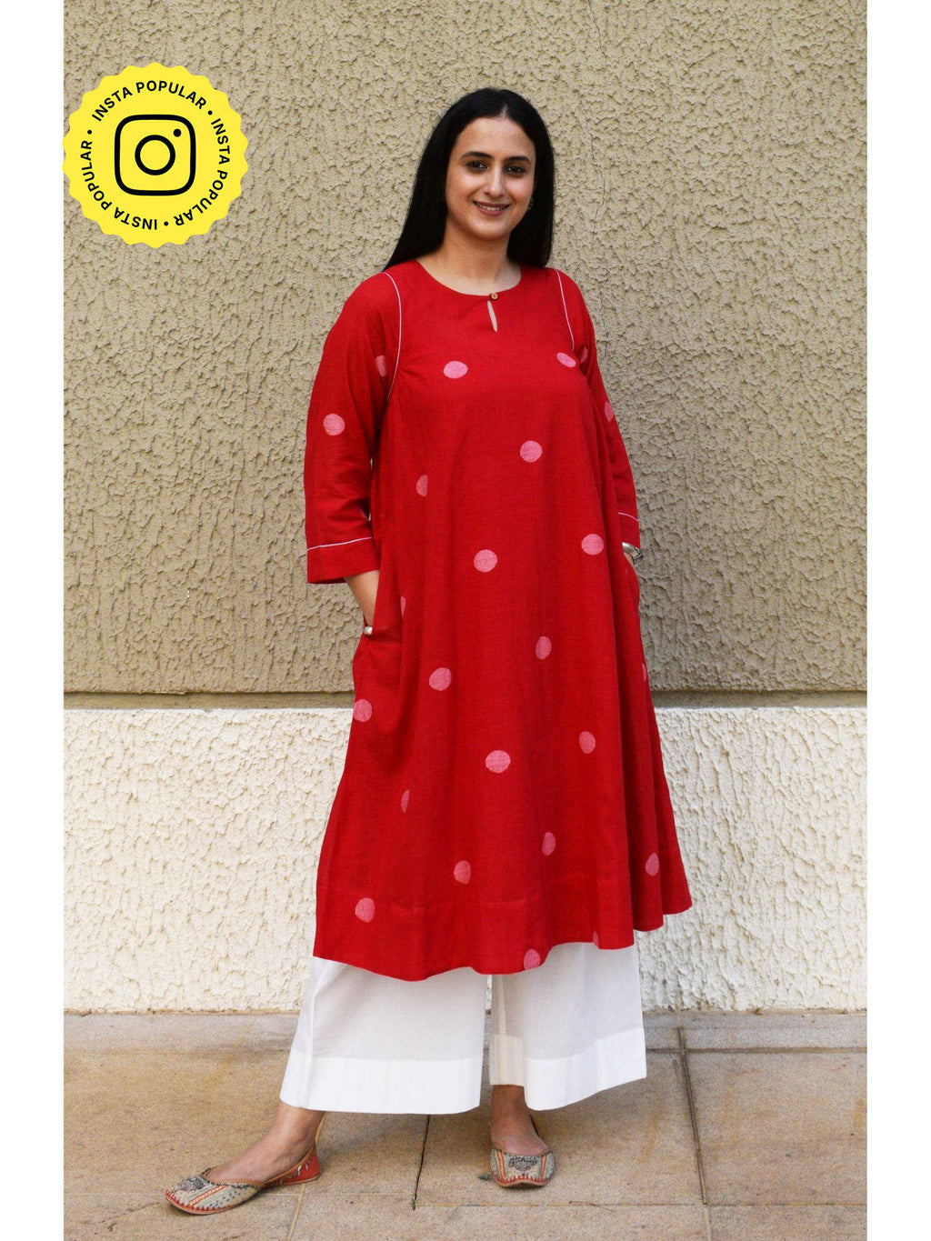 Red Polka Dot Jamdani Kurta With Side Gathers (Set of 2) | FY93 - view 1