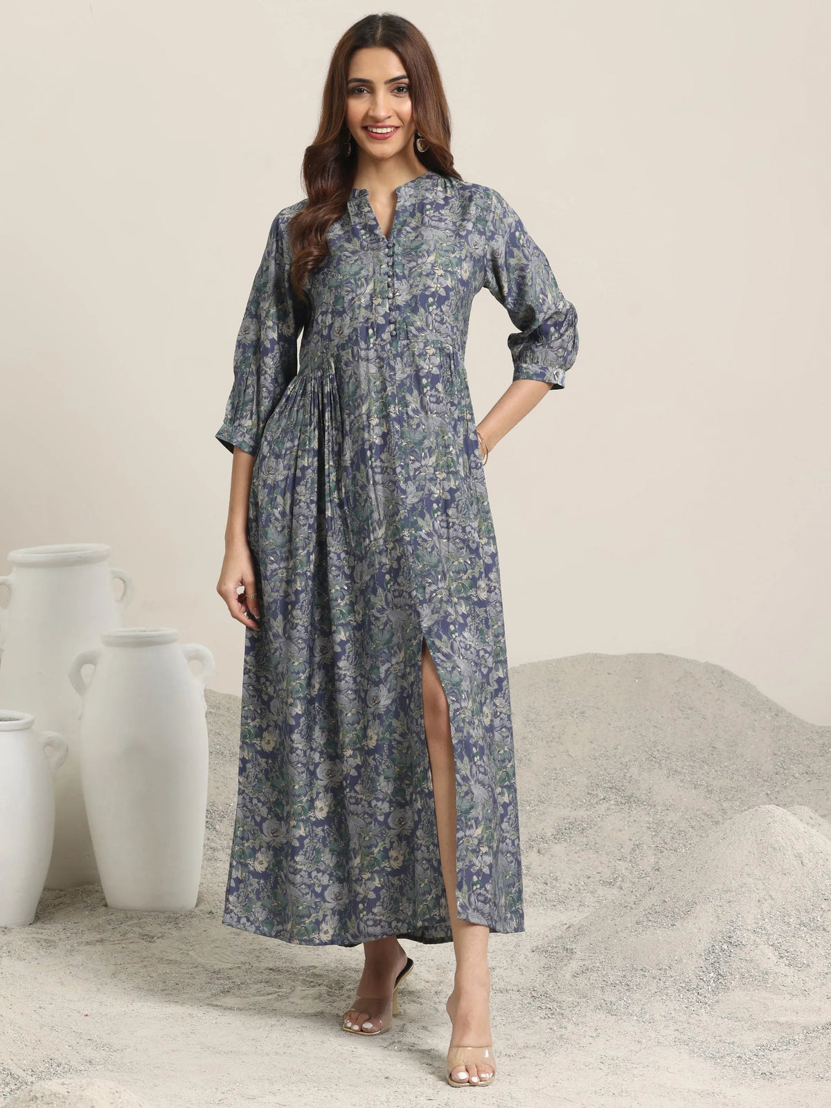 Gerua Blue Printed Silk Blend A-Line One Piece Dress