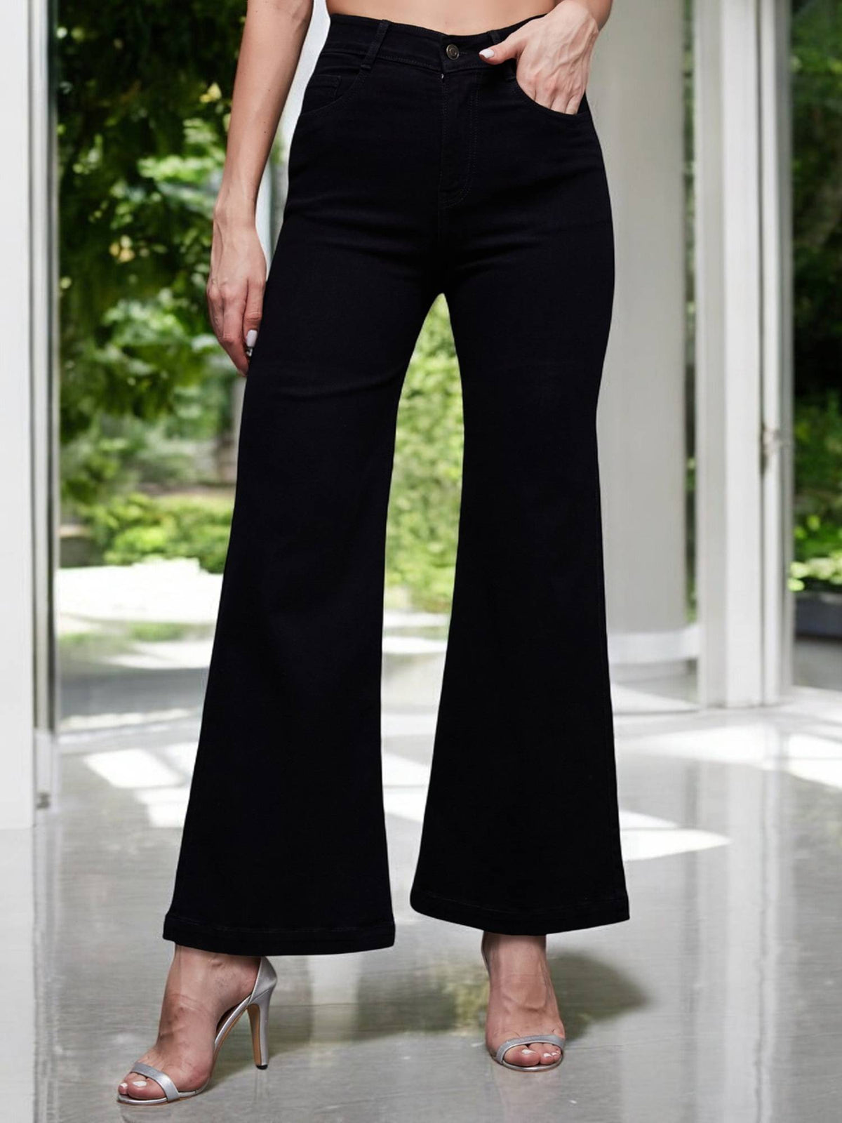 Womens Black Bootcut Leg High Rise Regular-Length Stretchable Denim Jeans | BT10 - view 1