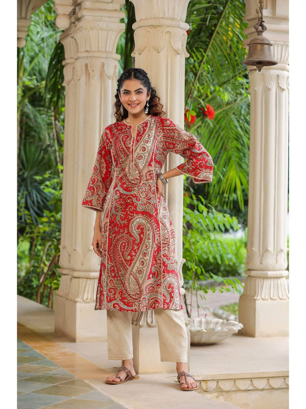 Women Red Ethnic Motifs Printed Straight Pure Cotton Kurta | FY93 - view 1