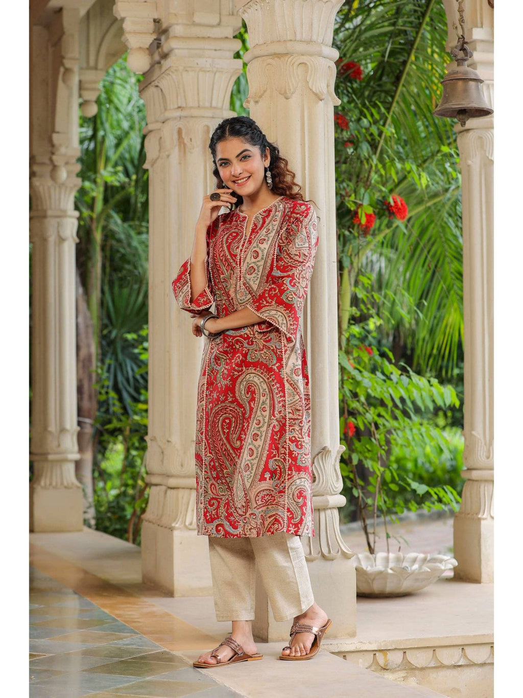 Women Red Ethnic Motifs Printed Straight Pure Cotton Kurta | FY93 - view 3