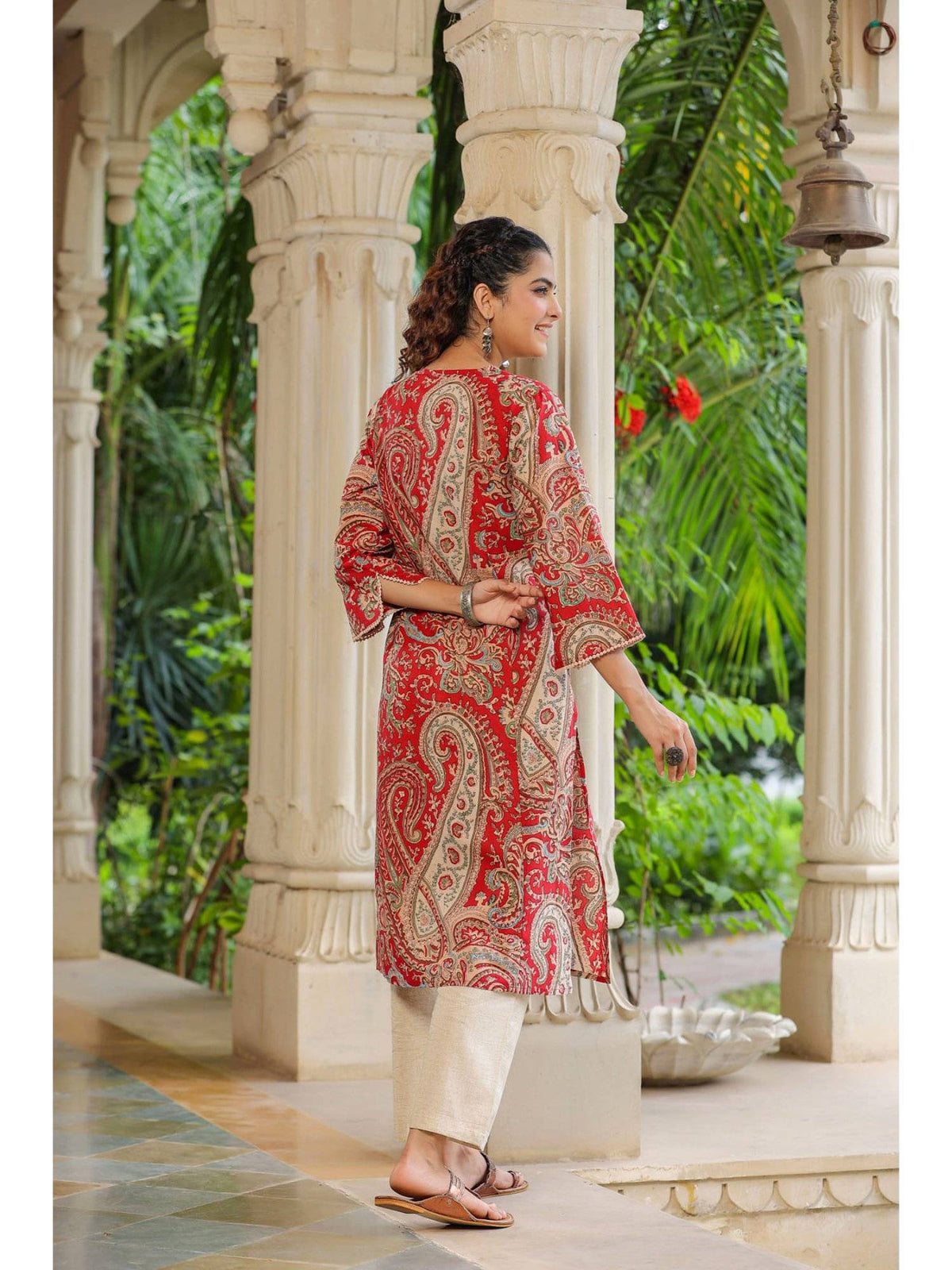 Women Red Ethnic Motifs Printed Straight Pure Cotton Kurta | FY93 - view 4
