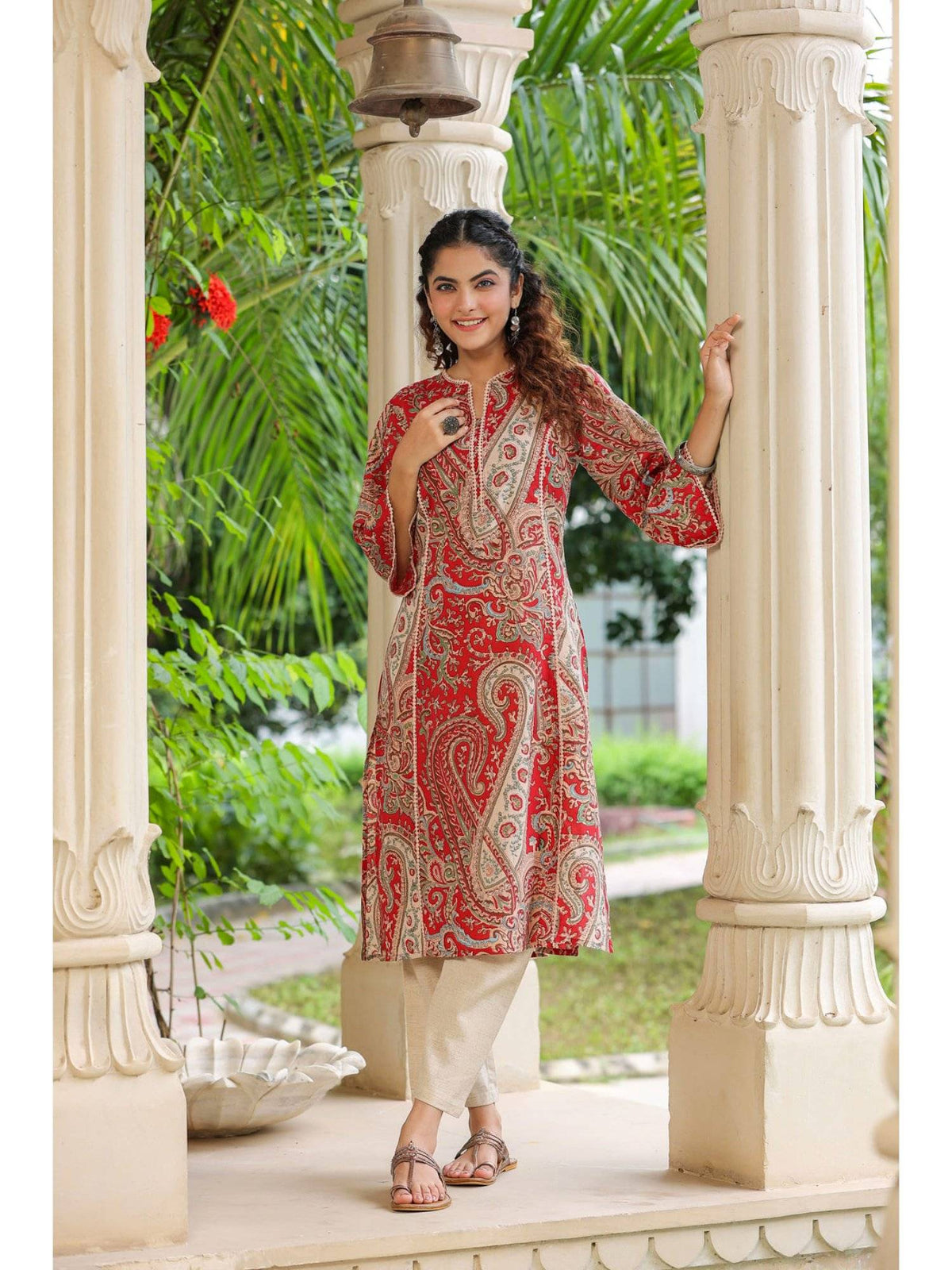 Women Red Ethnic Motifs Printed Straight Pure Cotton Kurta | U3S - view 5