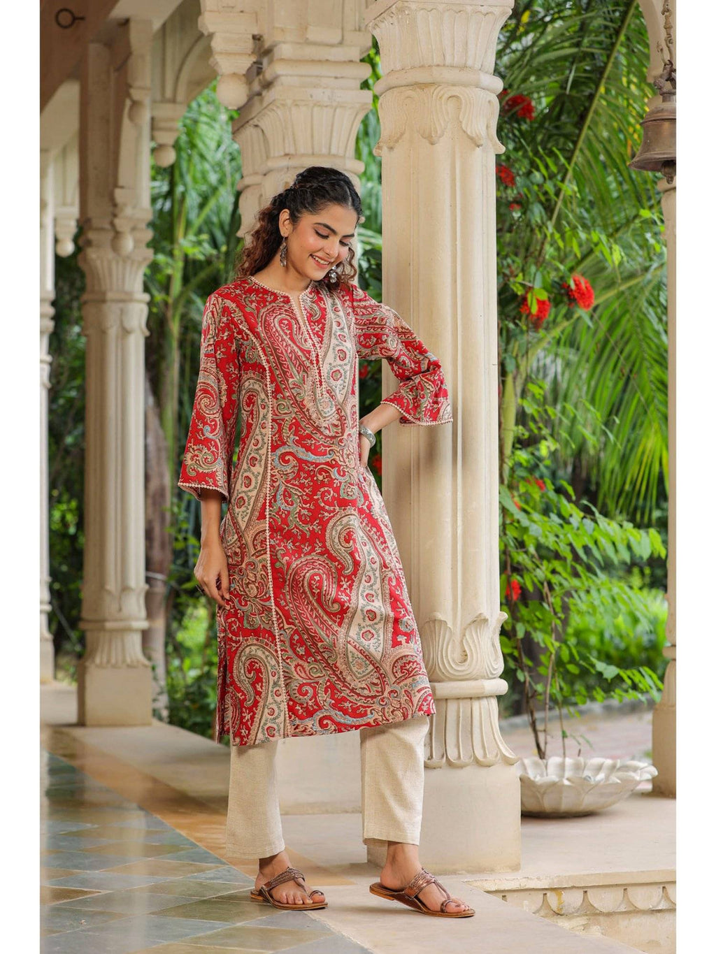 Women Red Ethnic Motifs Printed Straight Pure Cotton Kurta | FY93 - view 6