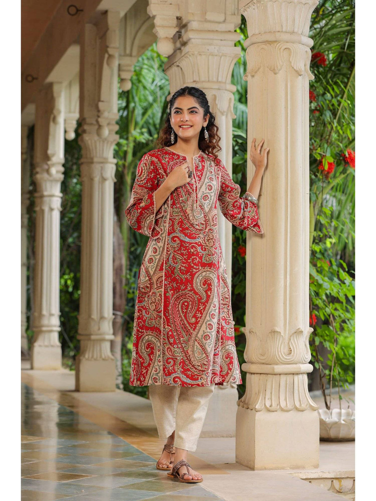 Women Red Ethnic Motifs Printed Straight Pure Cotton Kurta | U3S - view 7