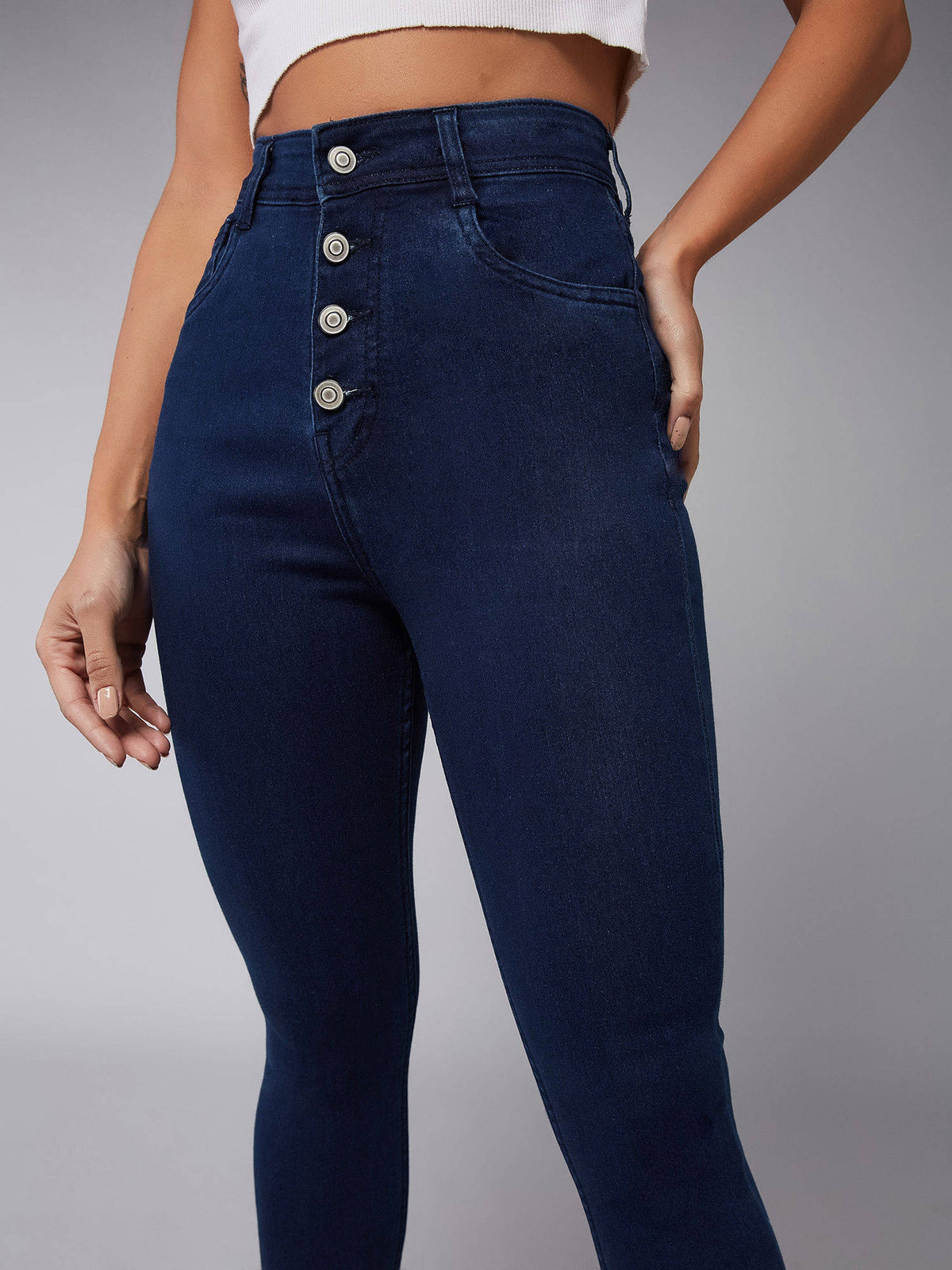 Womens Navy Blue Skinny Fit High Rise Clean Look Stretchable Jeans | RF89 - view 5