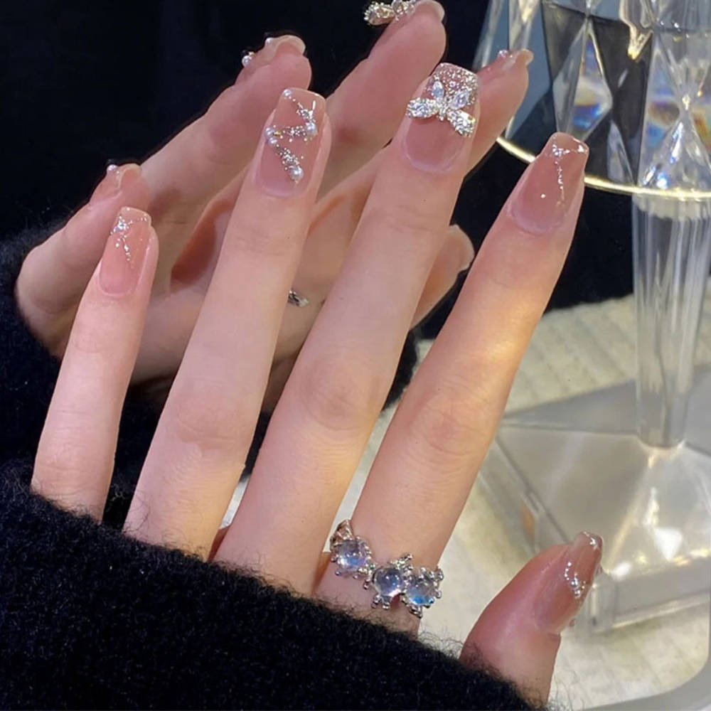 Nude Color With White Pearls & Silver Glitter With 3D Bow | T32 - view 2