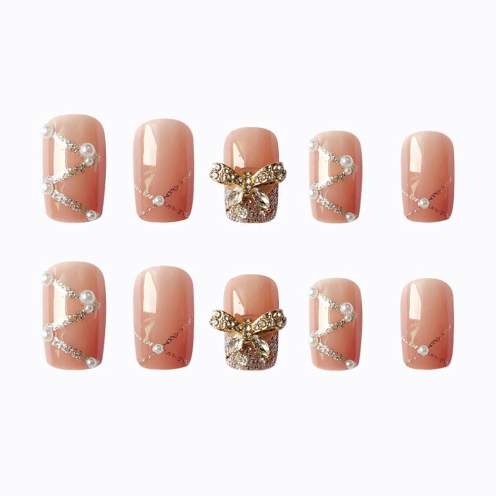 Nude Color With White Pearls & Silver Glitter With 3D Bow | T32 - view 4