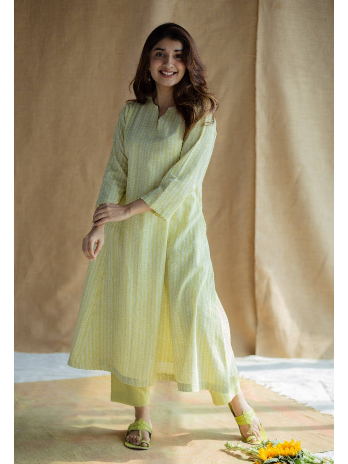 Lime Green Hand Block Printed Slub Cotton Embroidered Kurta | KDG - view 2