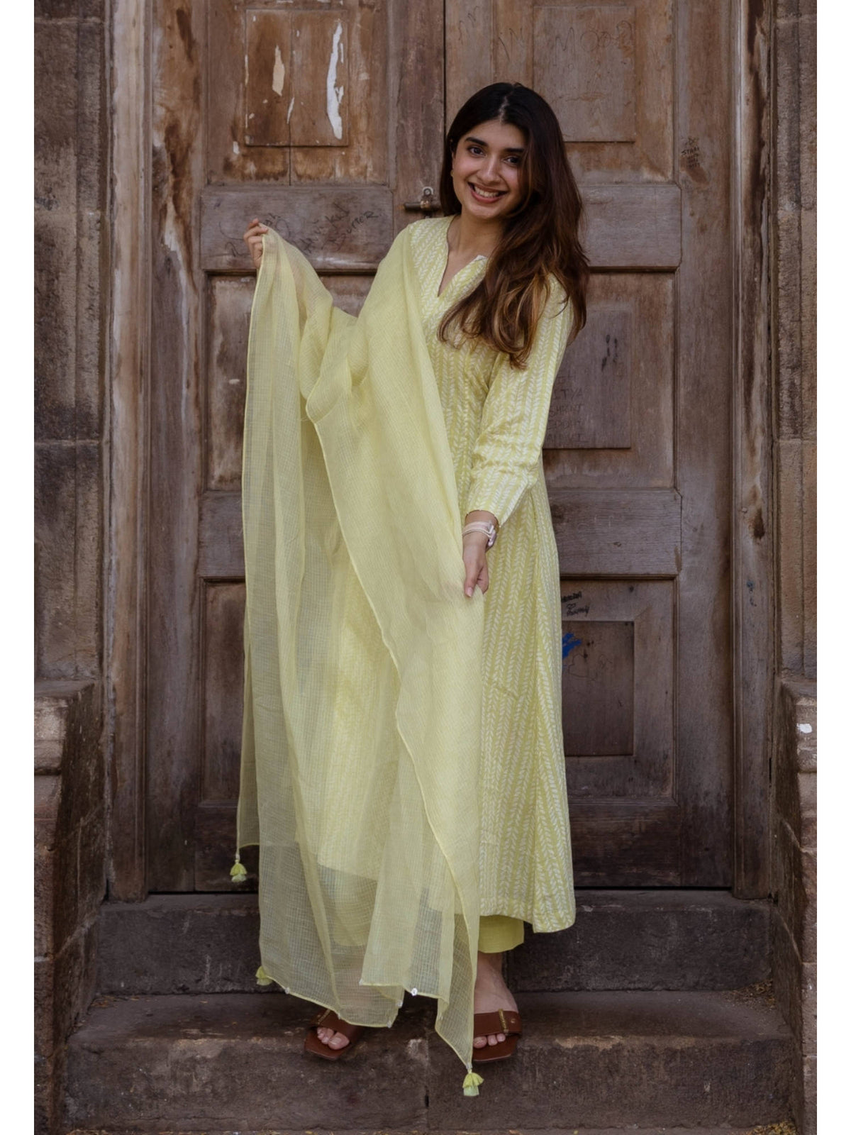 Lime Green Hand Block Printed Slub Cotton Embroidered Kurta | FY93 - view 3