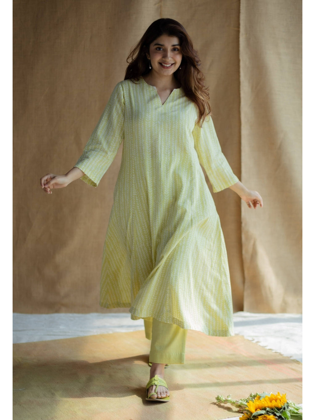 Lime Green Hand Block Printed Slub Cotton Embroidered Kurta | KDG - view 4