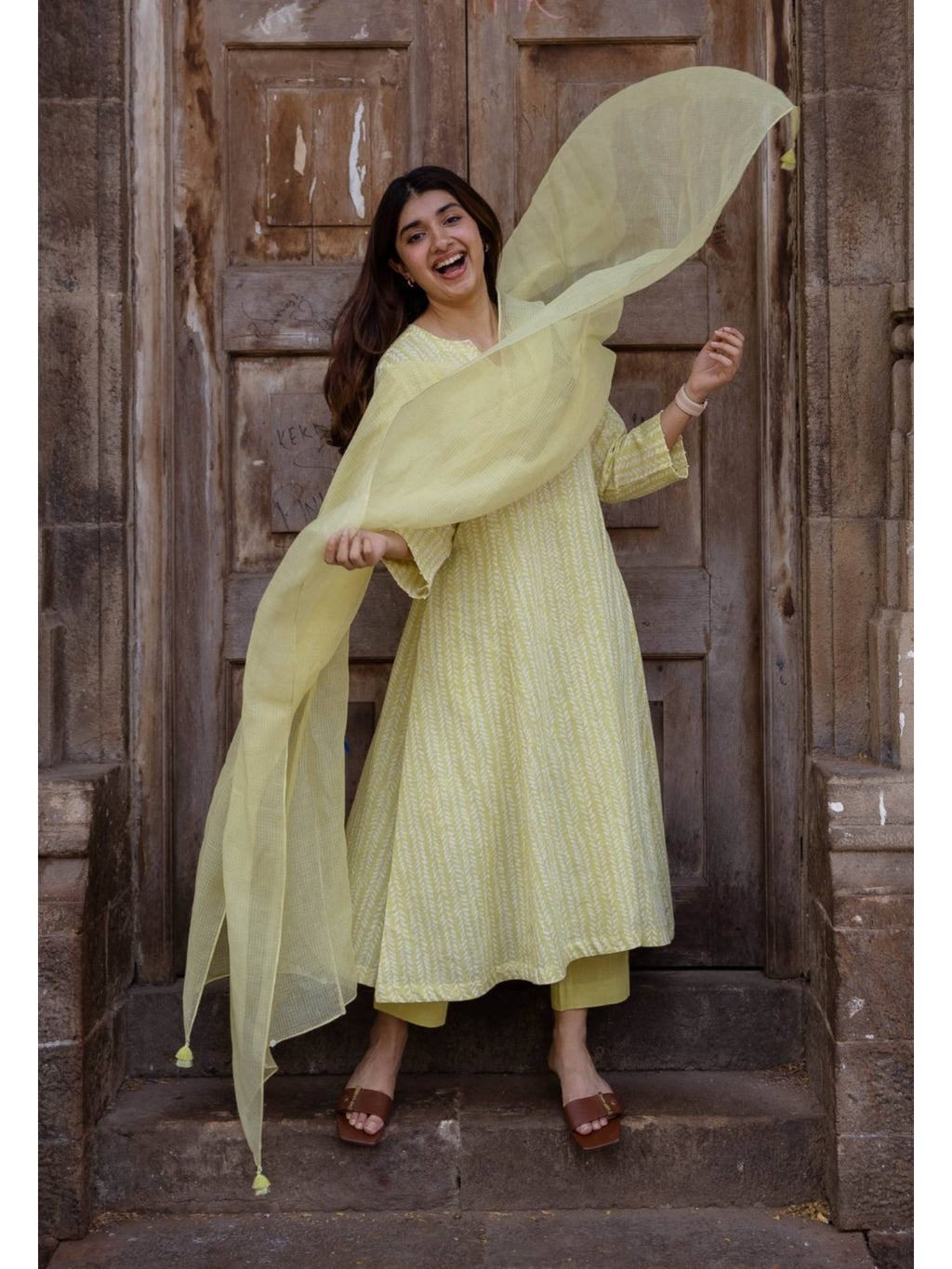 Lime Green Hand Block Printed Slub Cotton Embroidered Kurta | FY93 - view 5