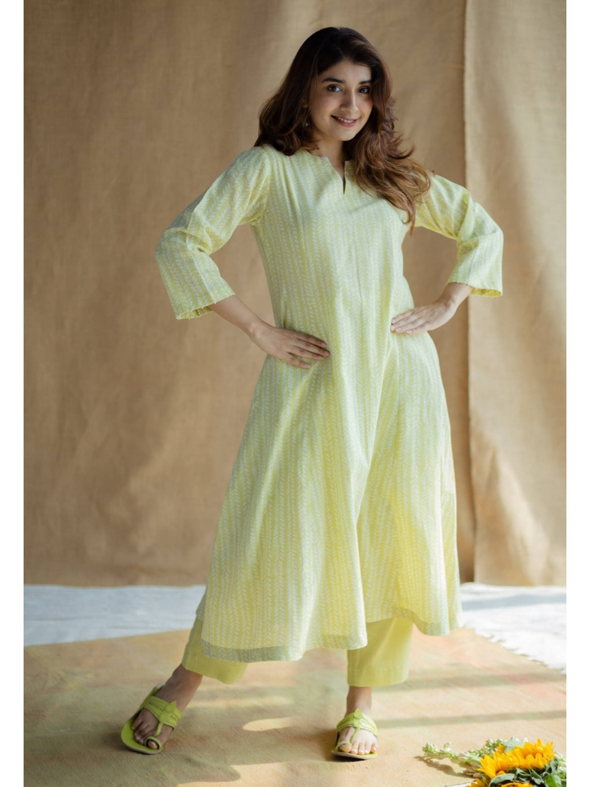 Lime Green Hand Block Printed Slub Cotton Embroidered Kurta | KDG - view 6