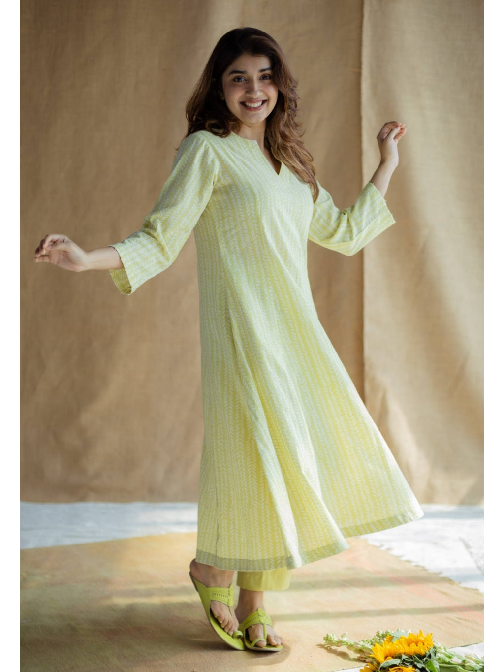 Lime Green Hand Block Printed Slub Cotton Embroidered Kurta | FY93 - view 7
