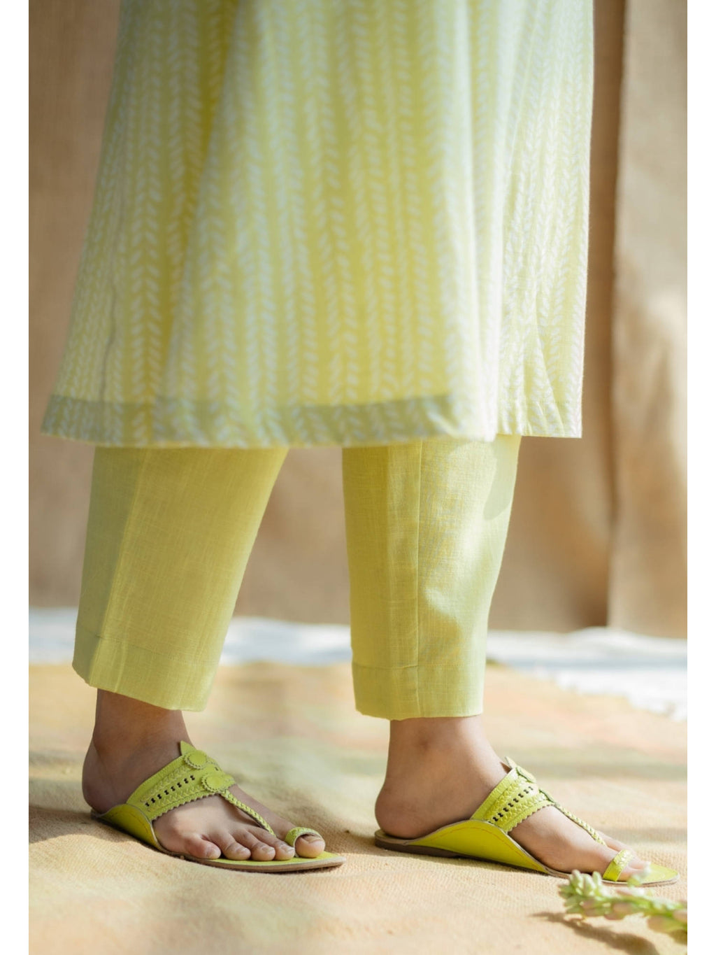 Lime Green Hand Block Printed Slub Cotton Embroidered Kurta | KDG - view 11