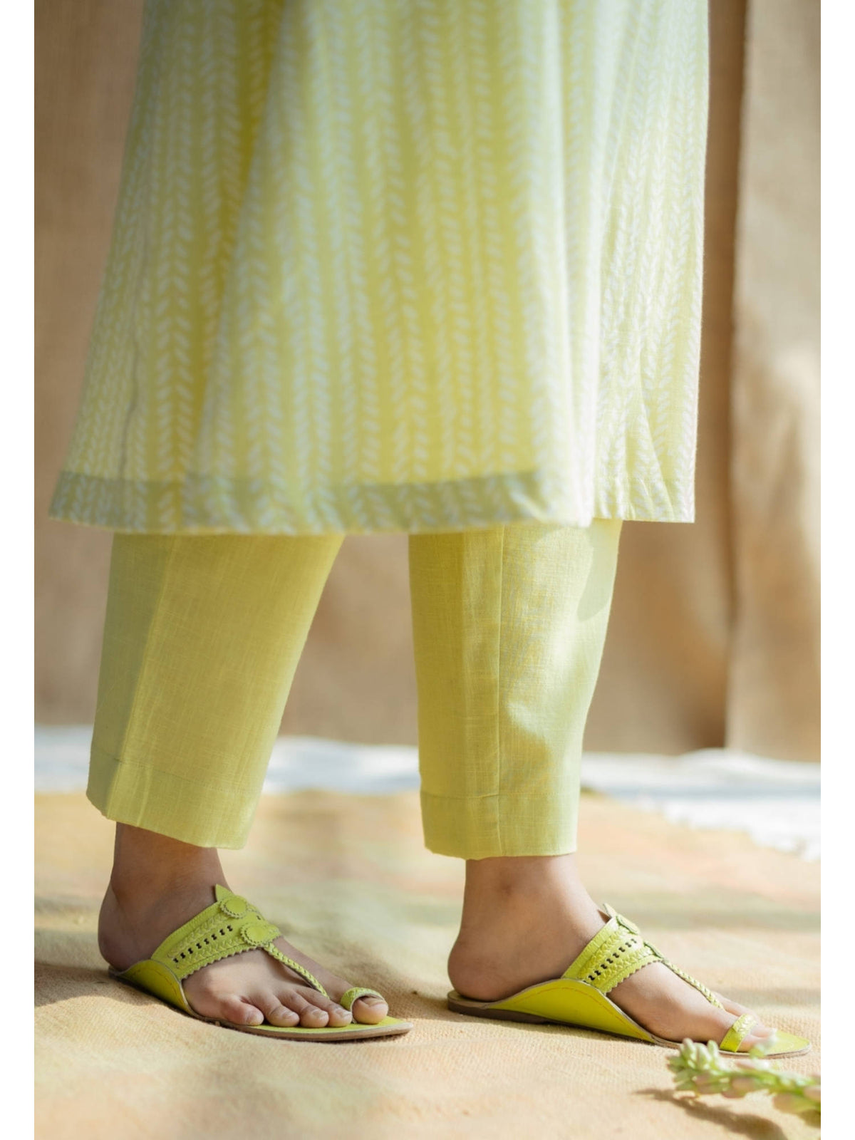 Lime Green Hand Block Printed Slub Cotton Embroidered Kurta | KDG - view 11