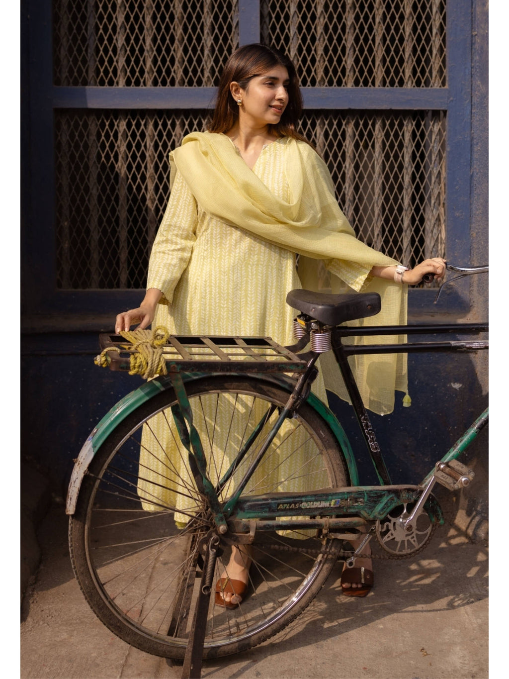Lime Green Hand Block Printed Slub Cotton Embroidered Kurta | KDG - view 12