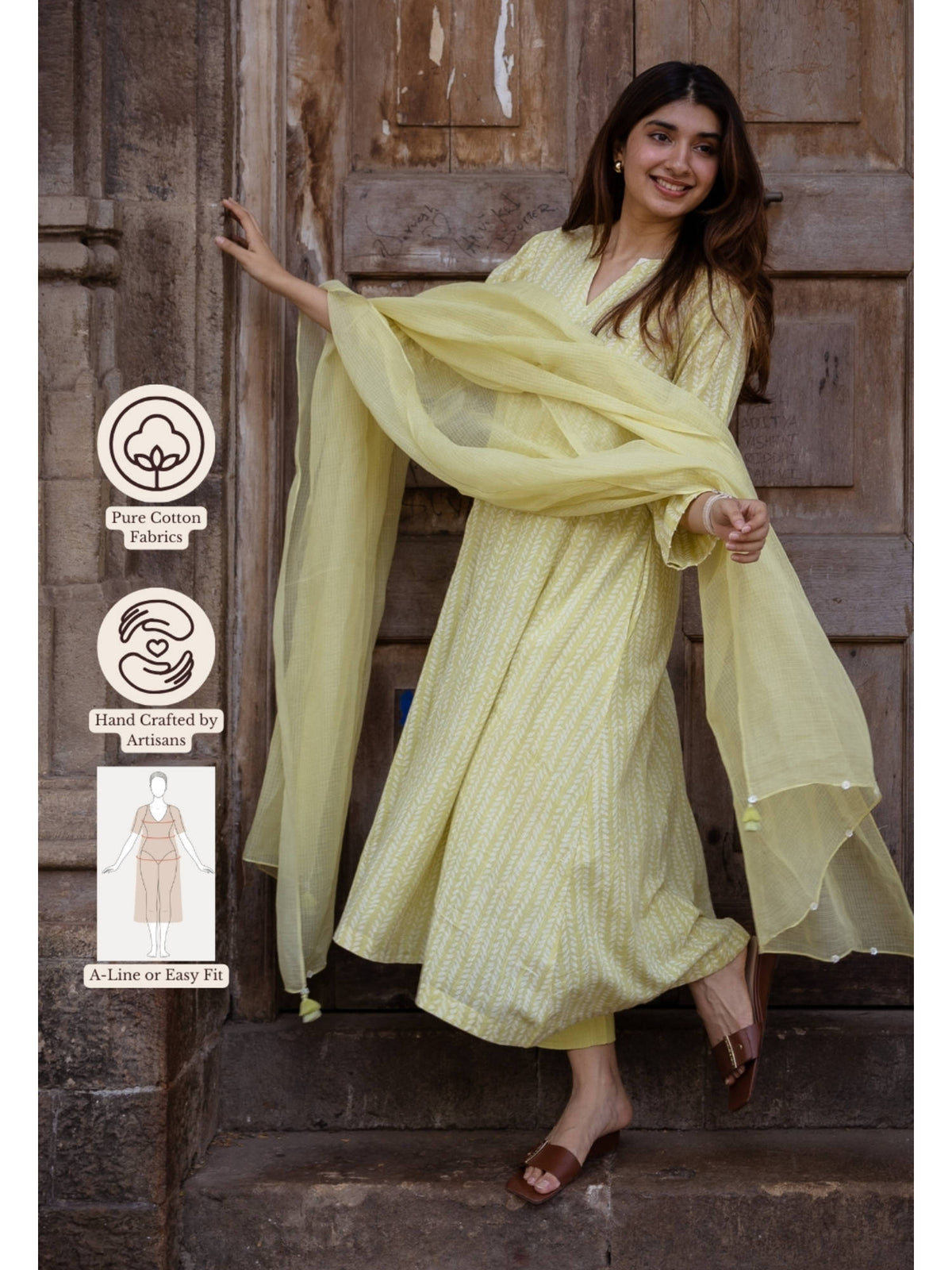 Lime Green Hand Block Printed Slub Cotton Embroidered Kurta | FY93 - view 13