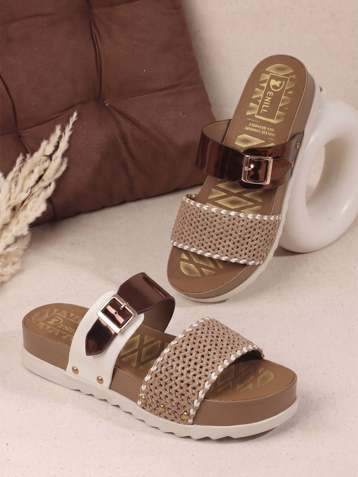 Copper Dnill Women's Platform Sandals with Woven Strap and Buckle Detailing | SD89 - view 3