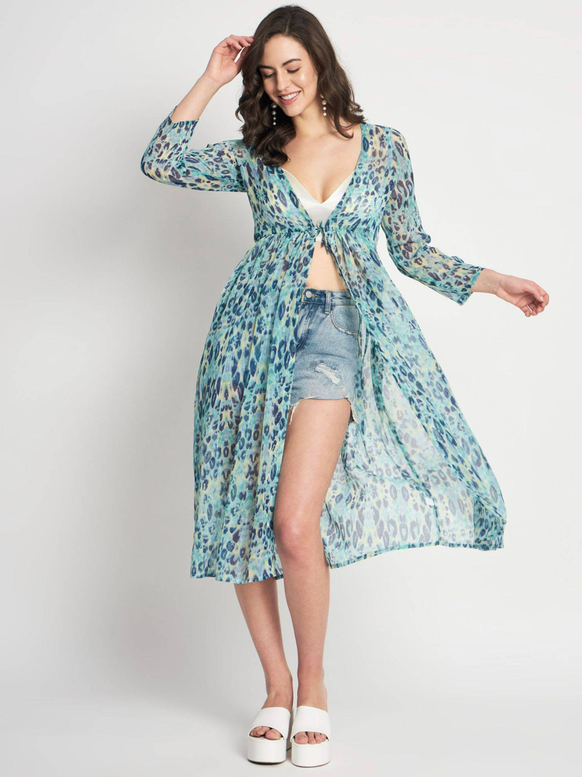 Animal Printed Brown Chiffon Longline Tie-Up Shrug | JC78 - view 32