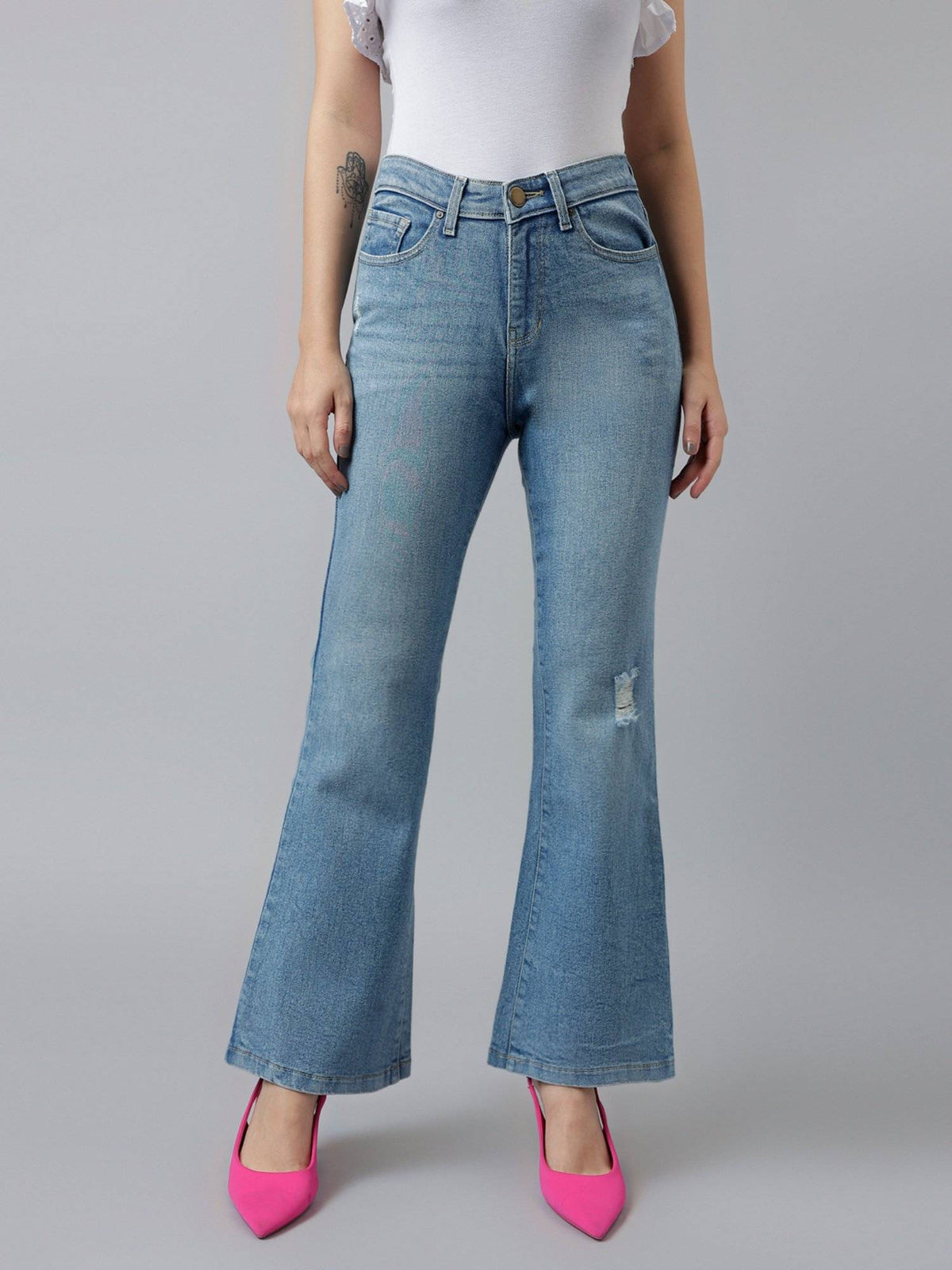 Women Blue Comfort Boot Cut High Rise Low Distressed Stretchable Jeans | BT10 - view 1