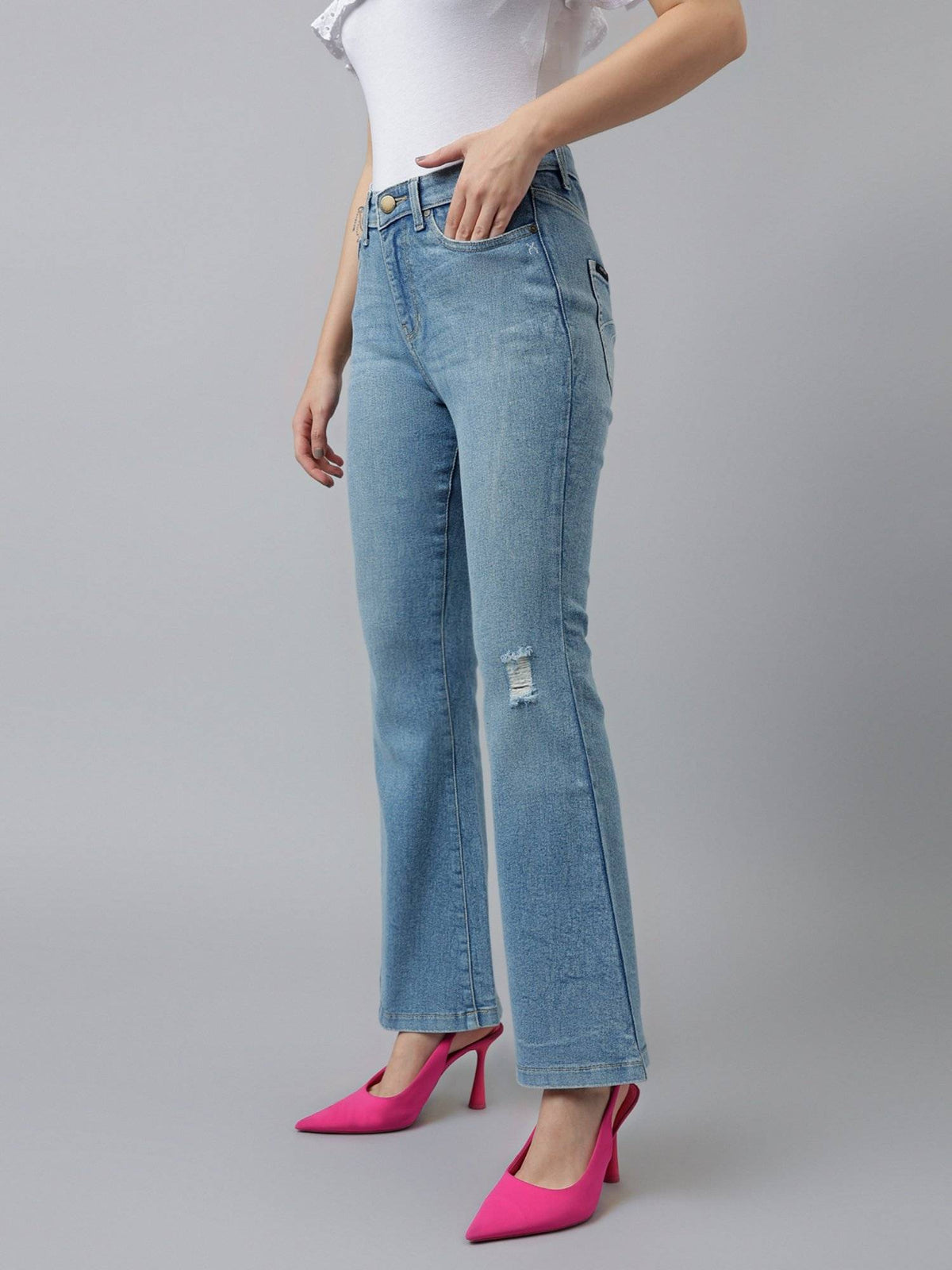 Women Blue Comfort Boot Cut High Rise Low Distressed Stretchable Jeans | BT10 - view 2